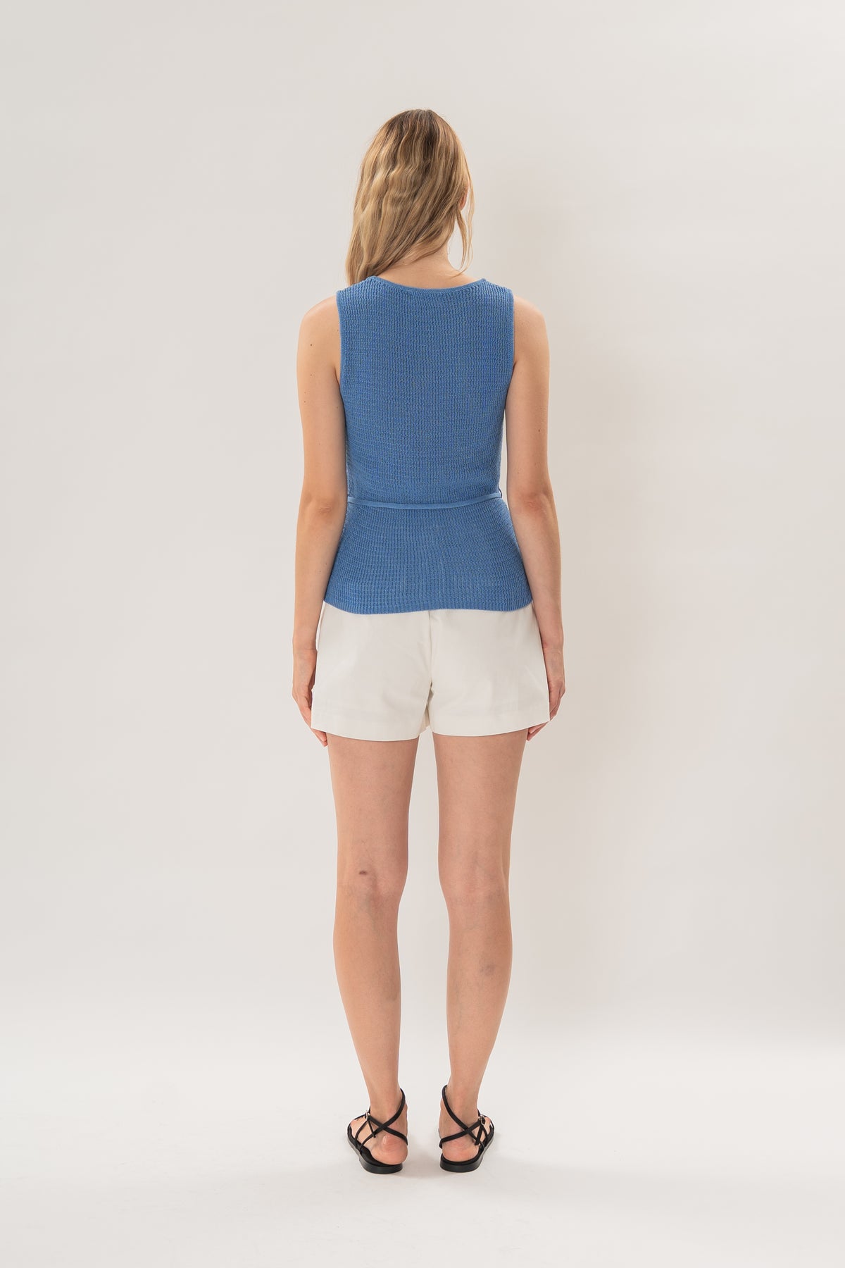 Cotton-Blend Round Neck Knitted Tank in Coastal Blue