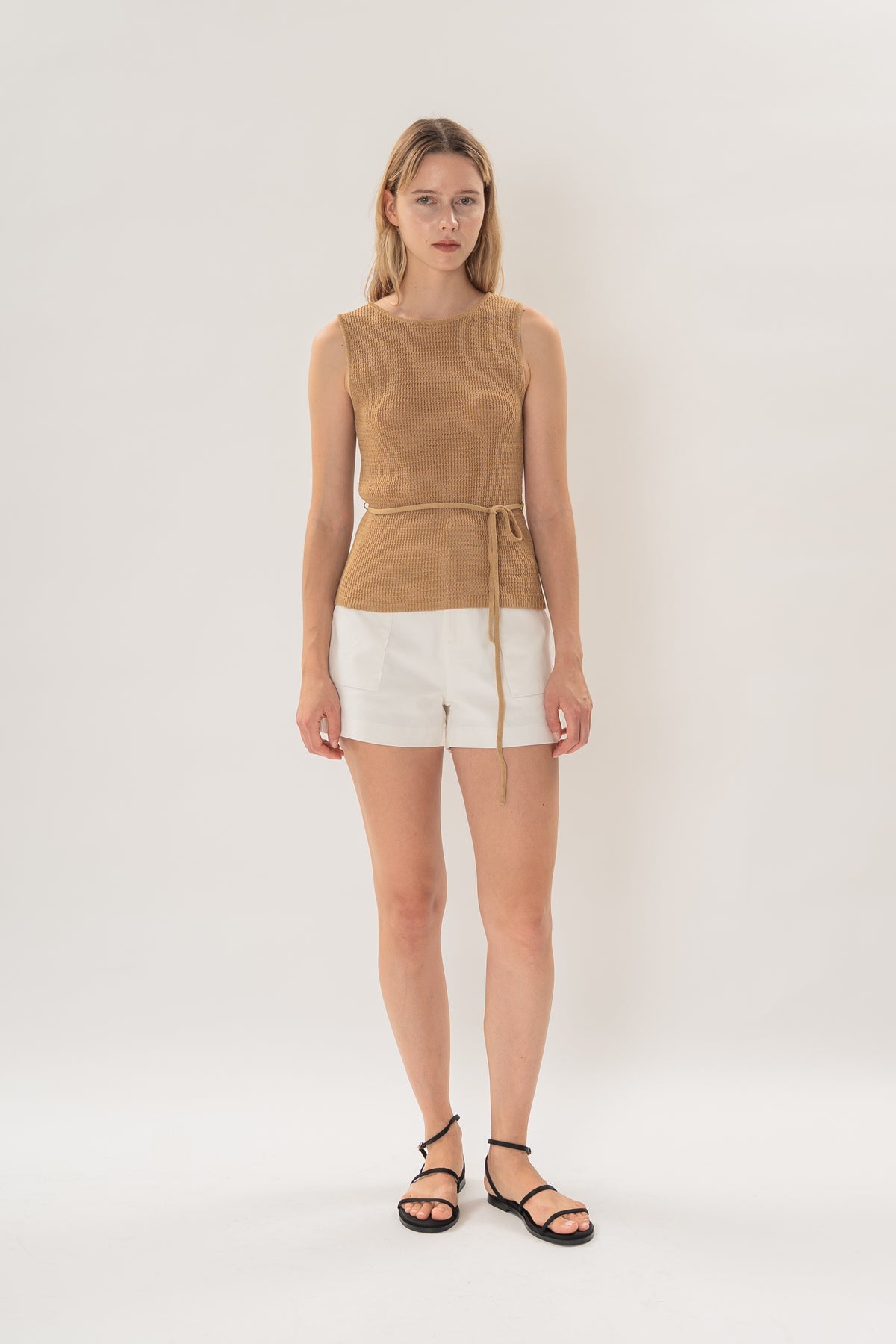 Cotton-Blend Round Neck Knitted Tank in Camel