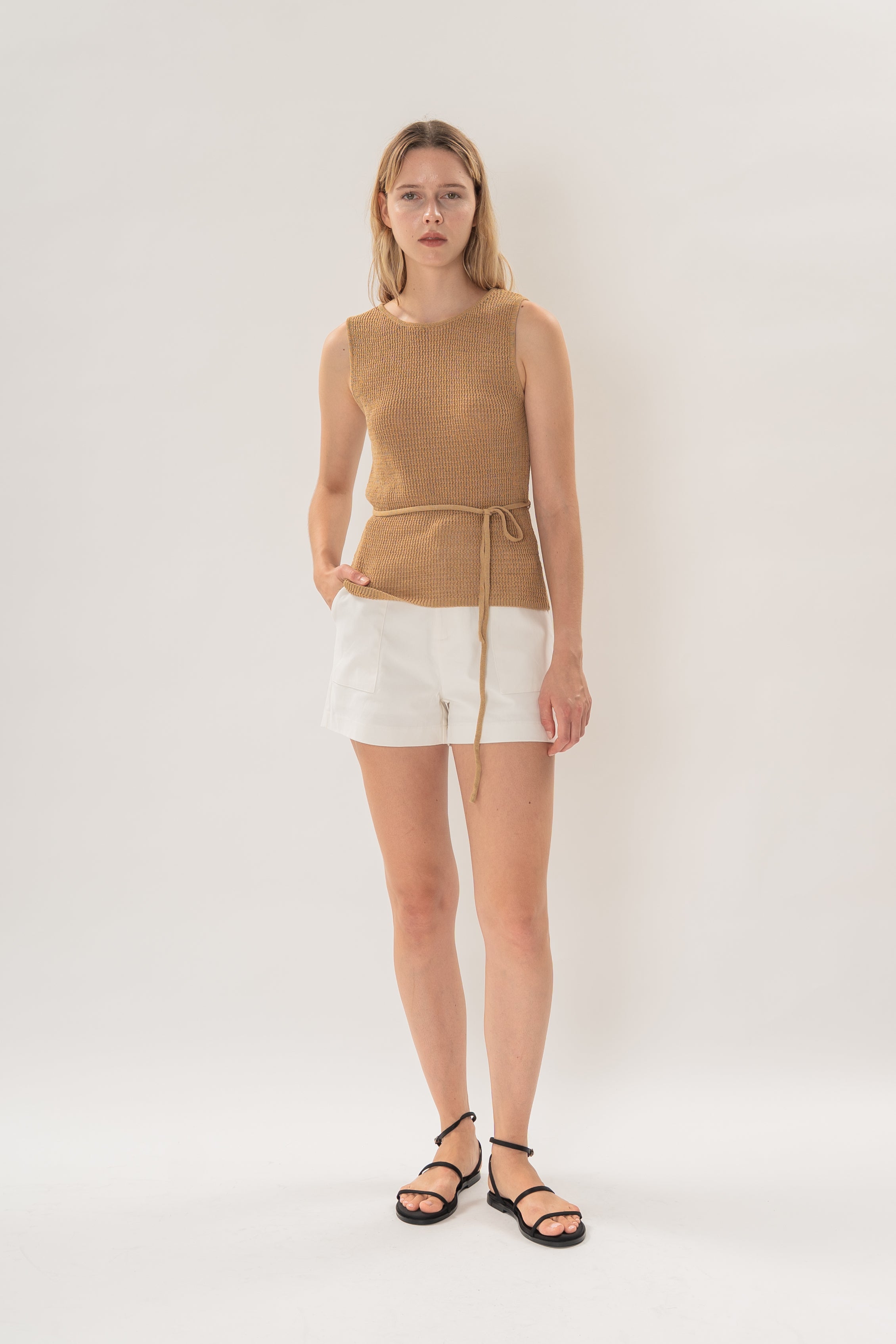 Cotton-Blend Round Neck Knitted Tank in Camel
