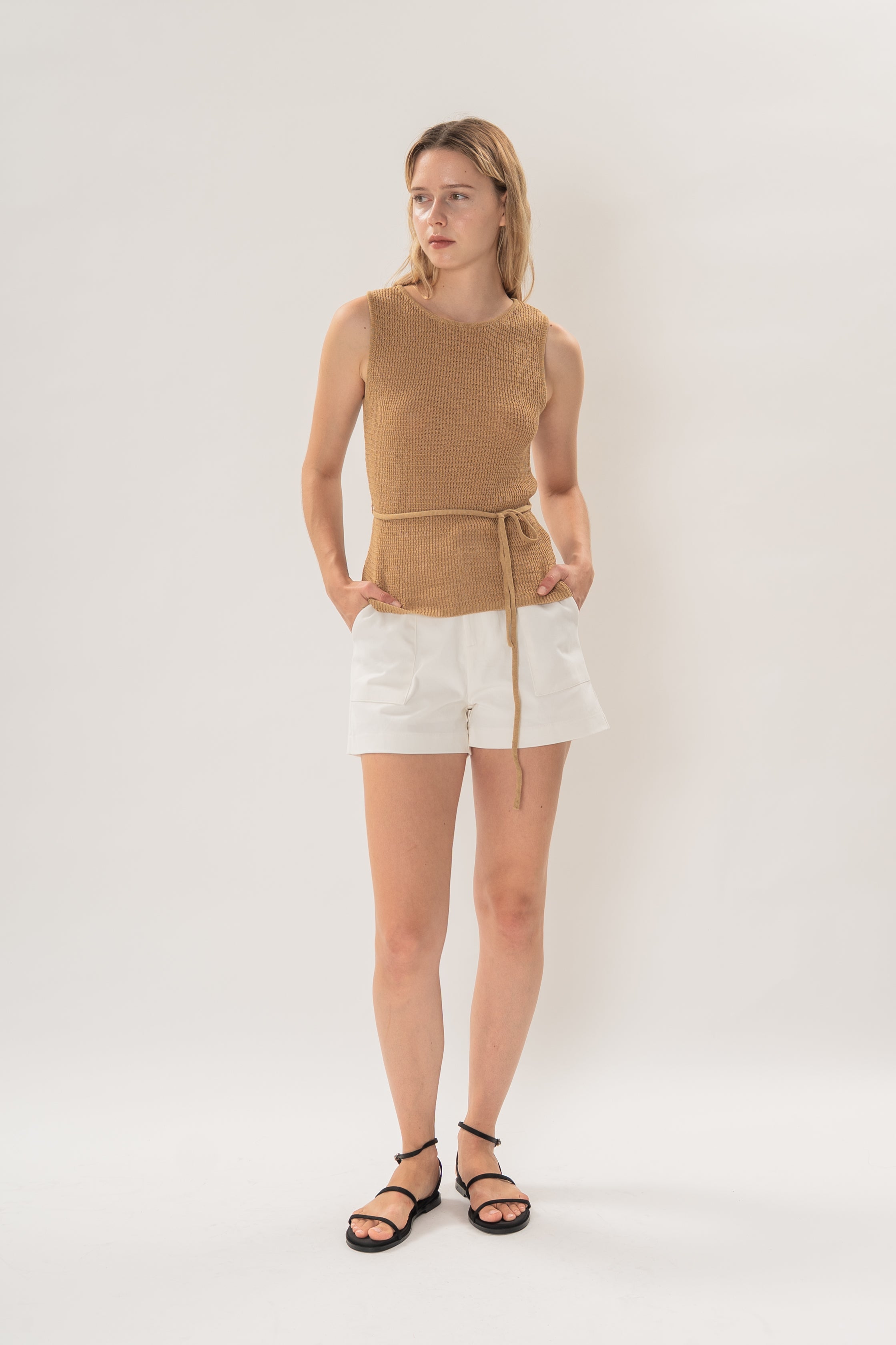 Cotton-Blend Round Neck Knitted Tank in Camel