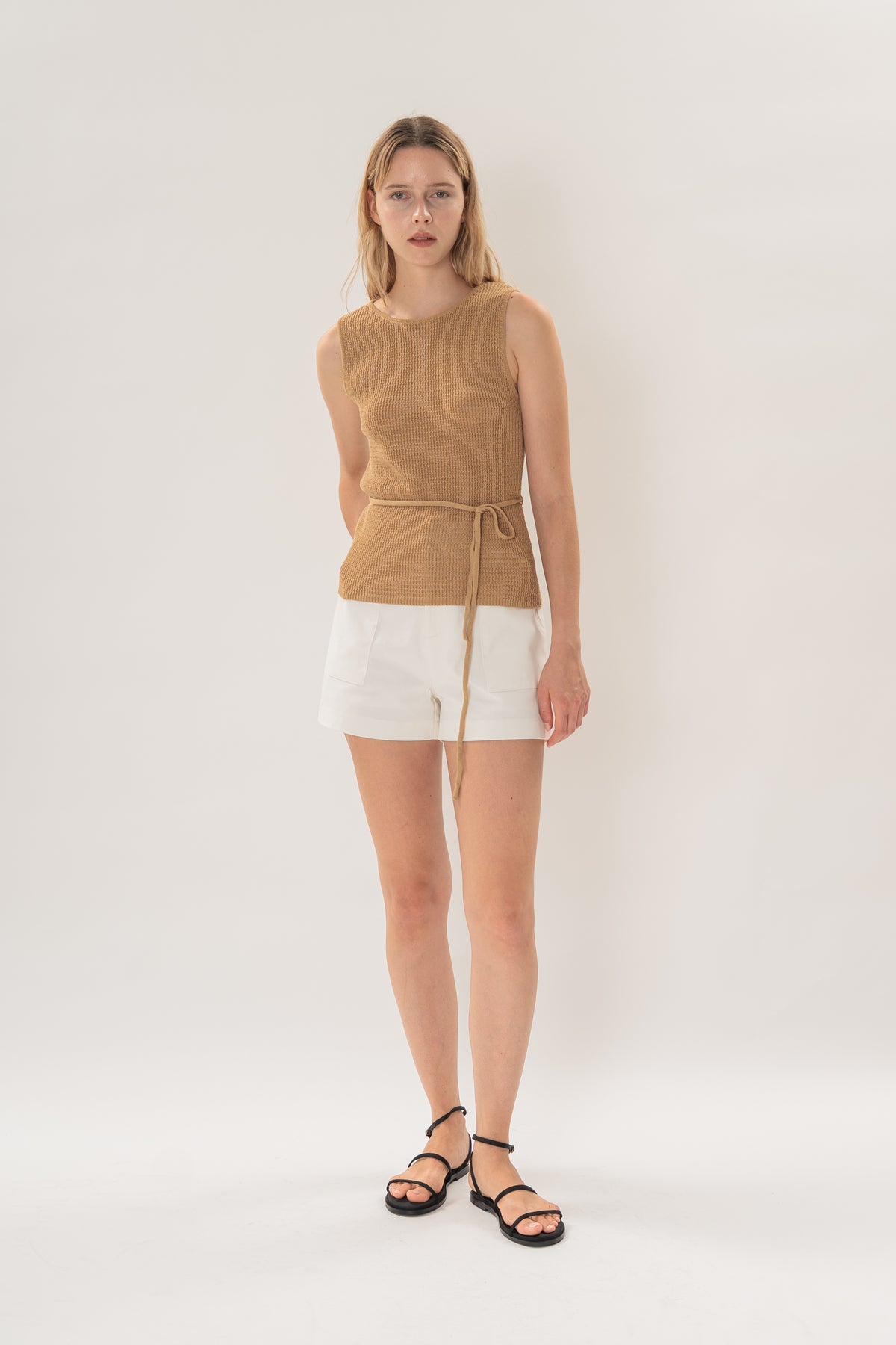 Cotton-Blend Round Neck Knitted Tank in Camel