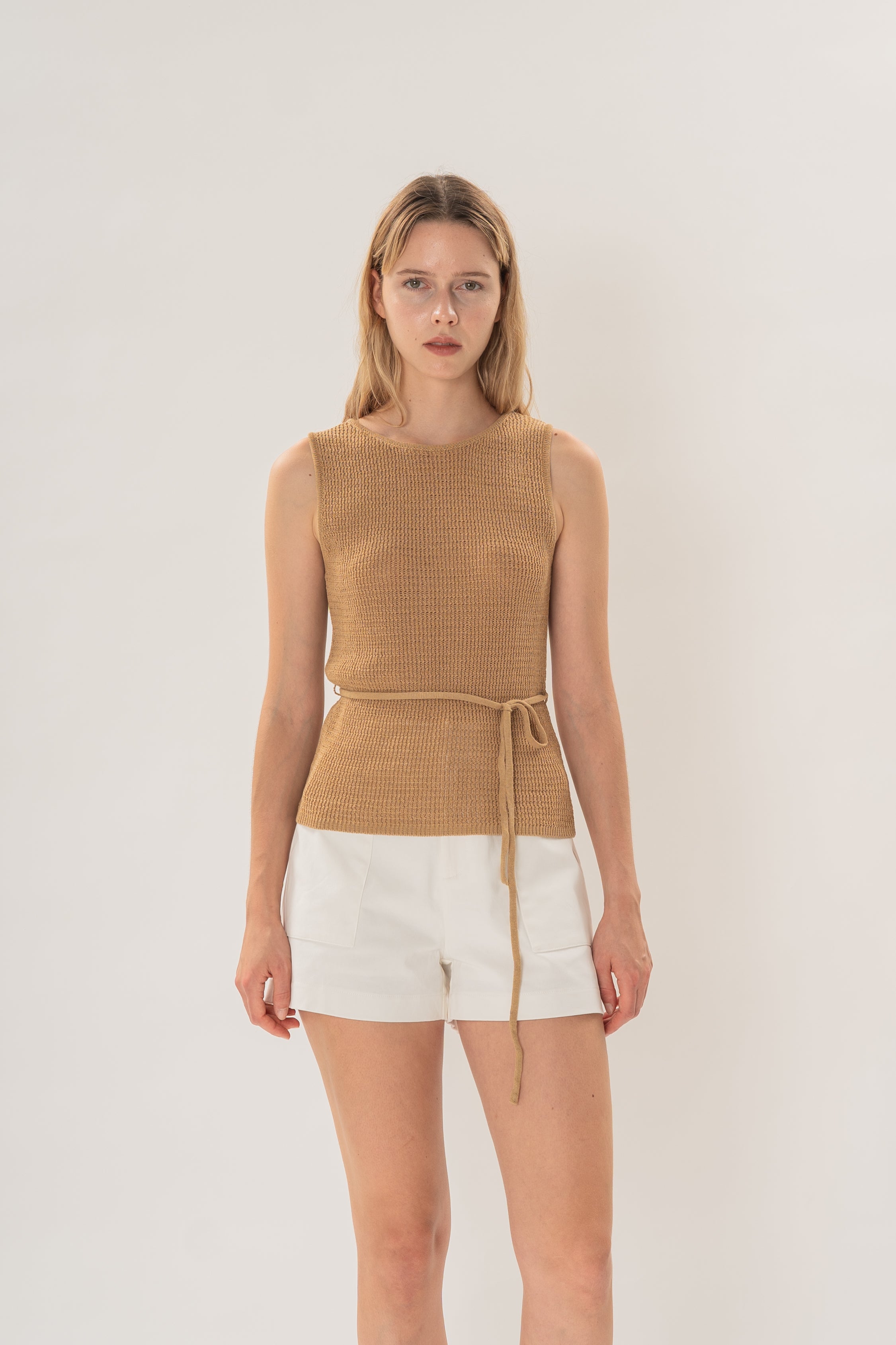 Cotton-Blend Round Neck Knitted Tank in Camel