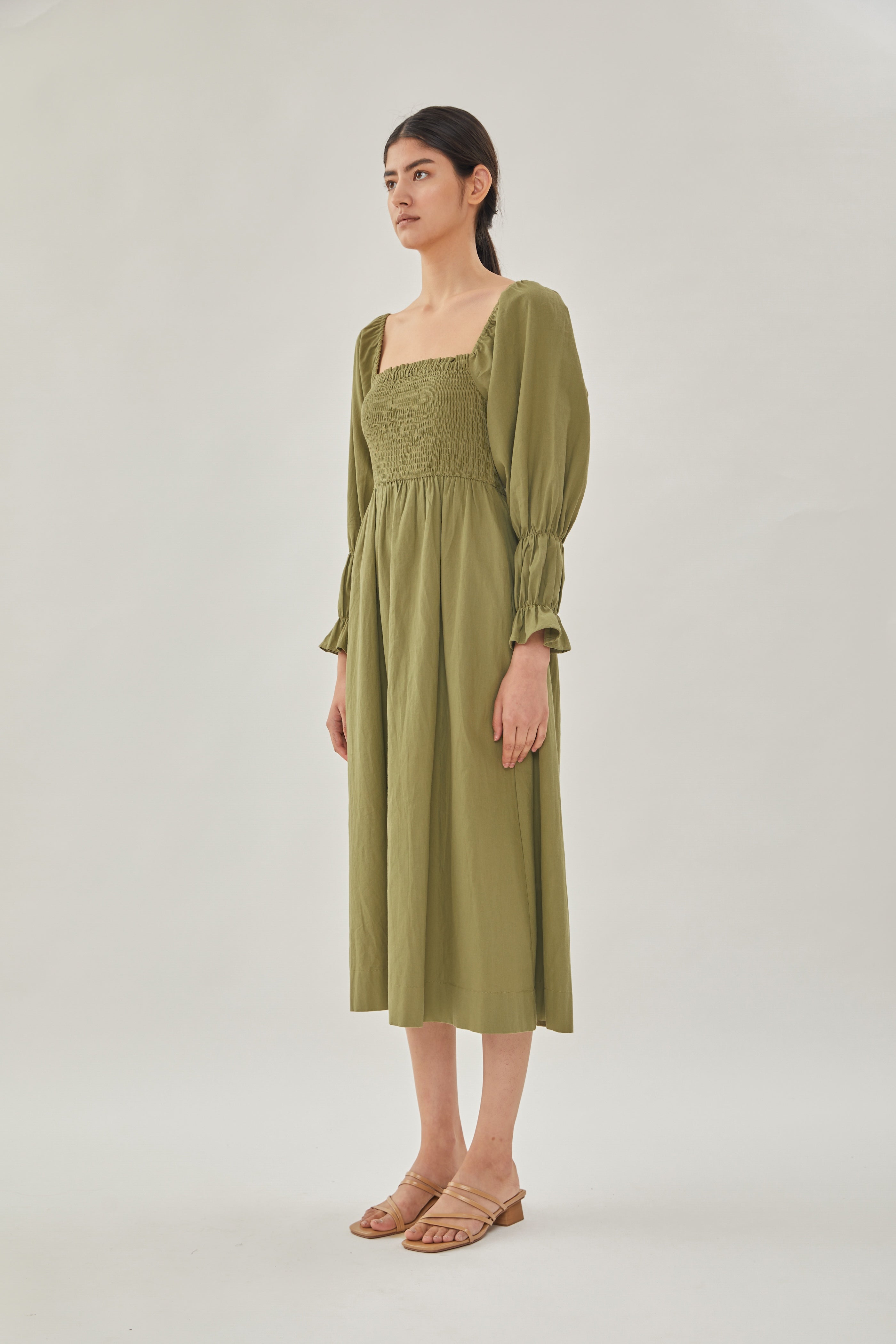 Cotton Shirred Midi Dress in Moss