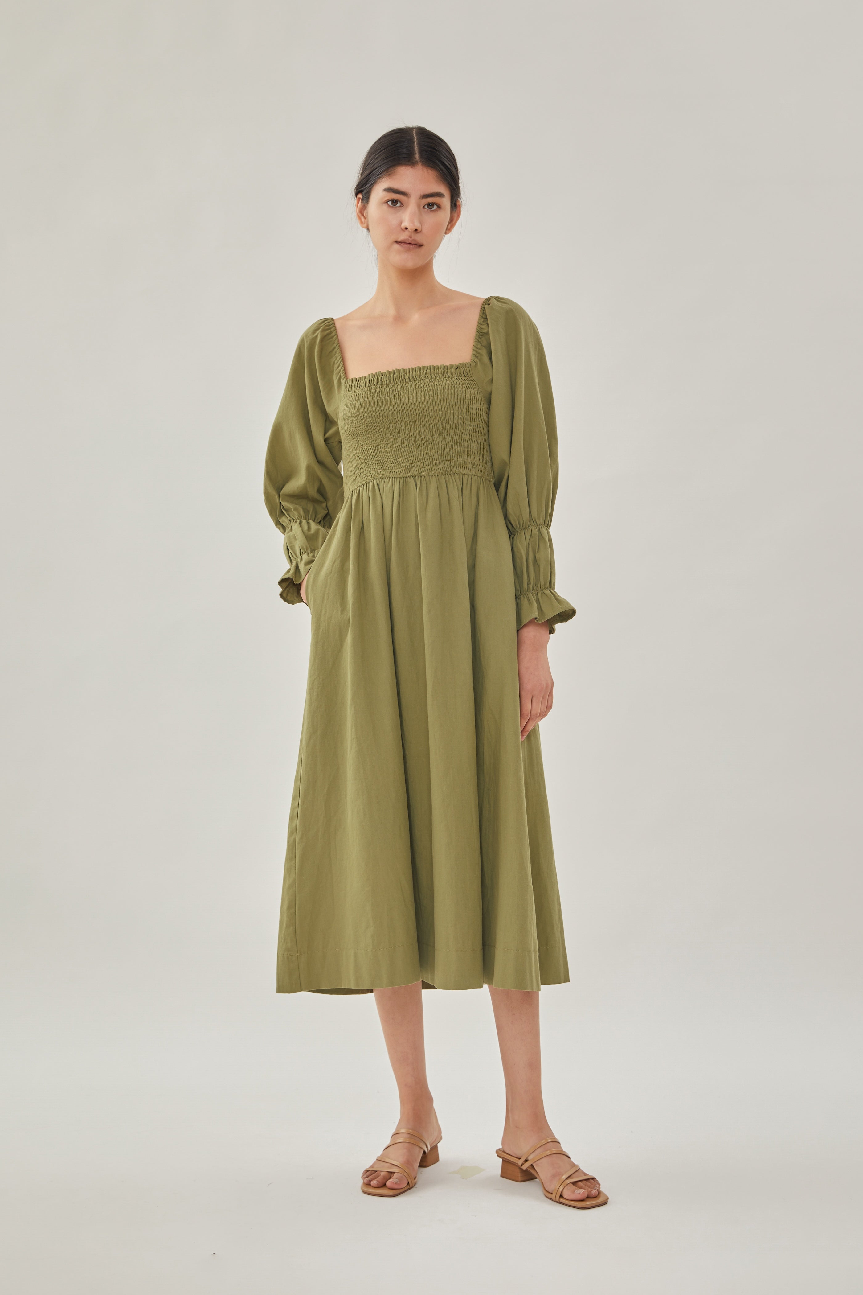 Cotton Shirred Midi Dress in Moss