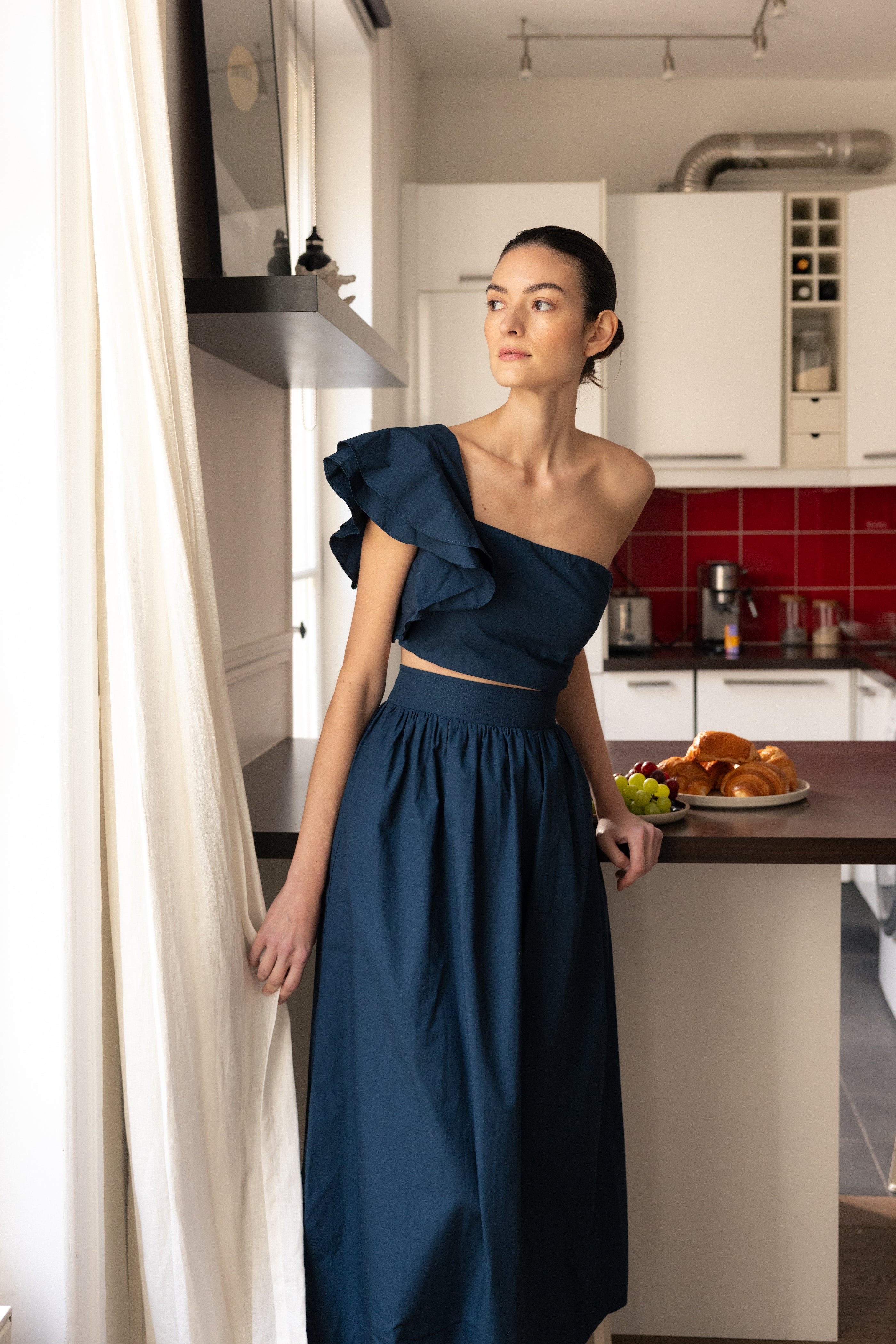 Toga Bustier Top With Ruffled Sleeve in Midnight