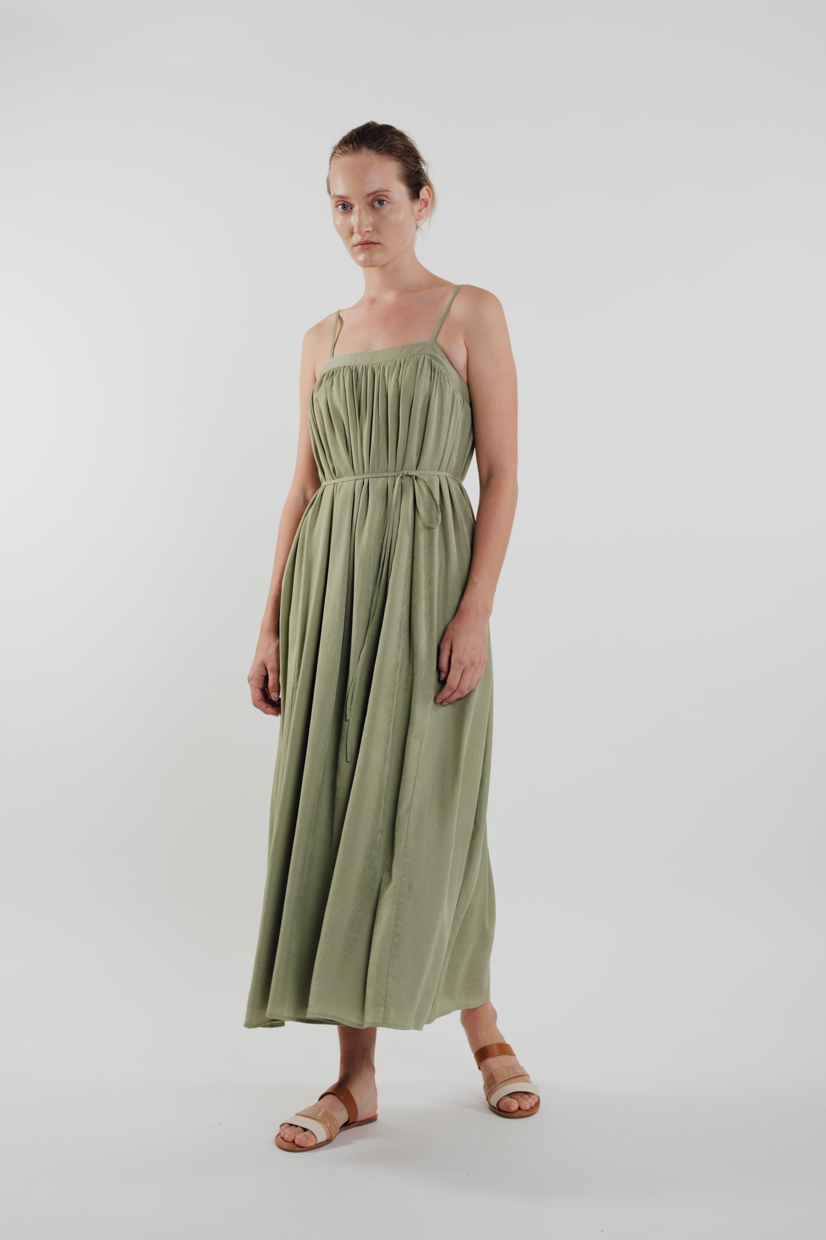 Gathered Midi Dress in Sage