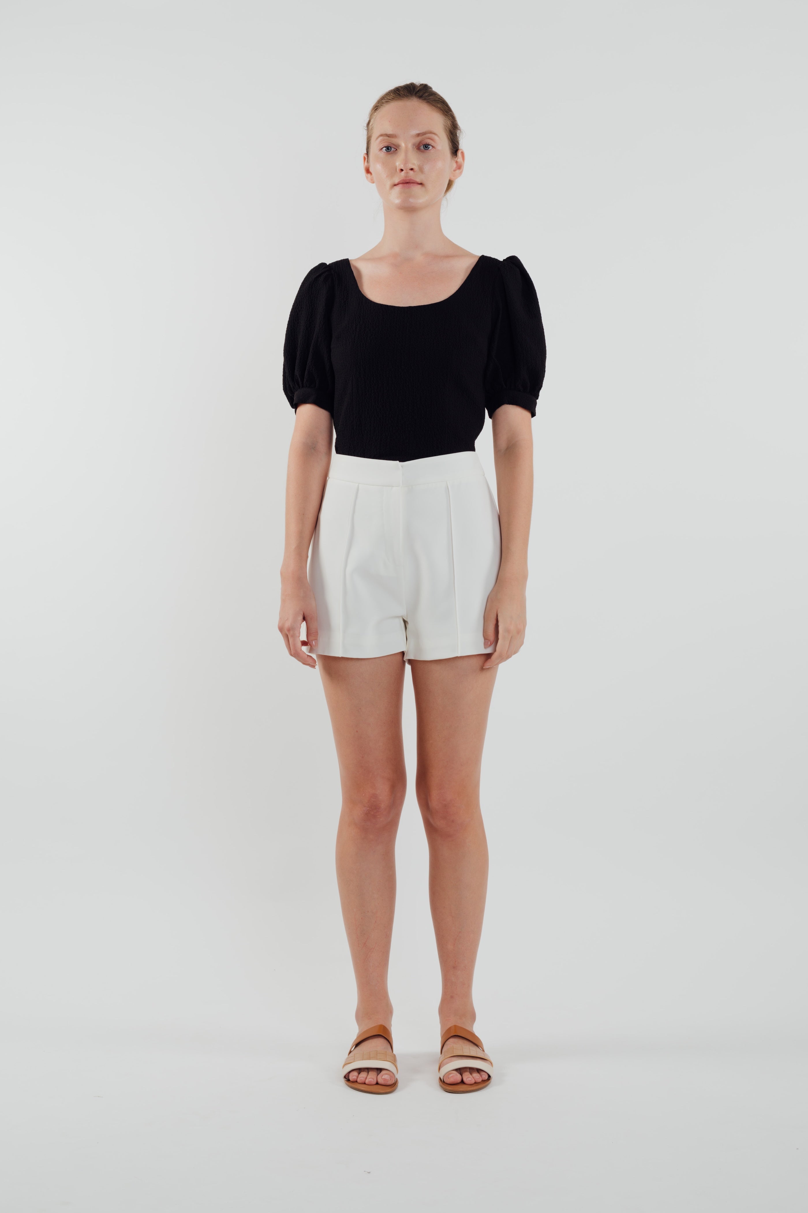 Puffed Sleeved Textured Top in Black (Sale)