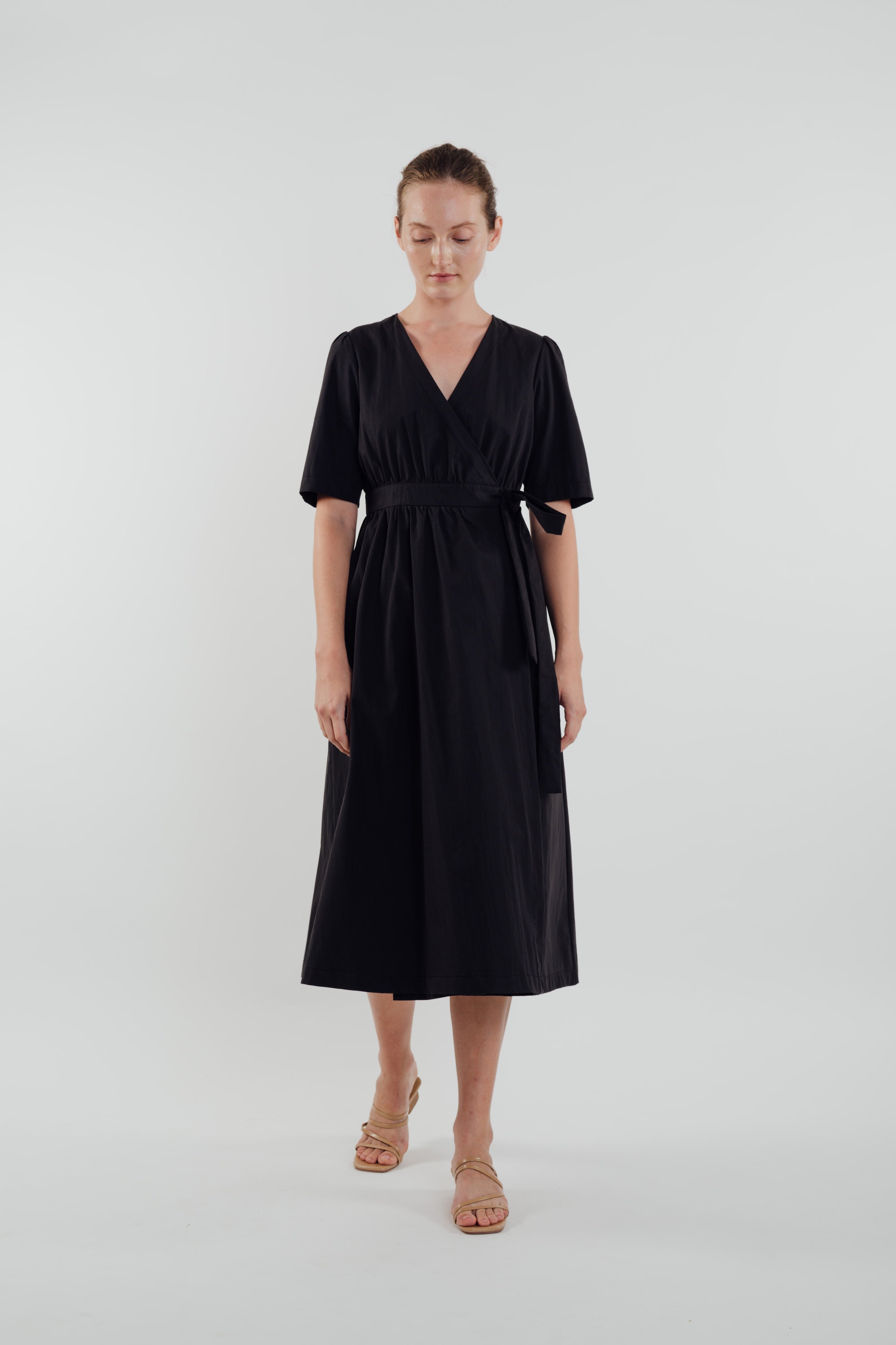 Cotton Midi Wrap Dress in Black