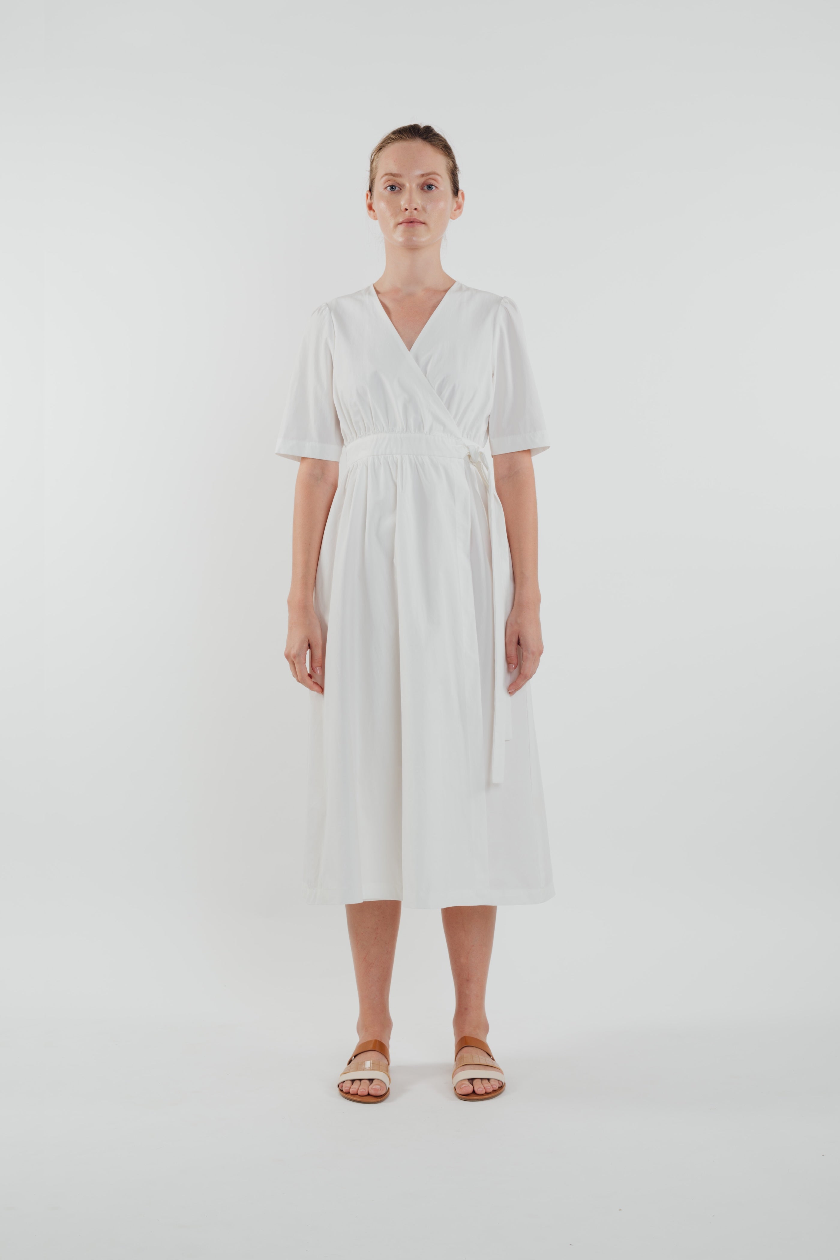 Cotton Midi Wrap Dress in White