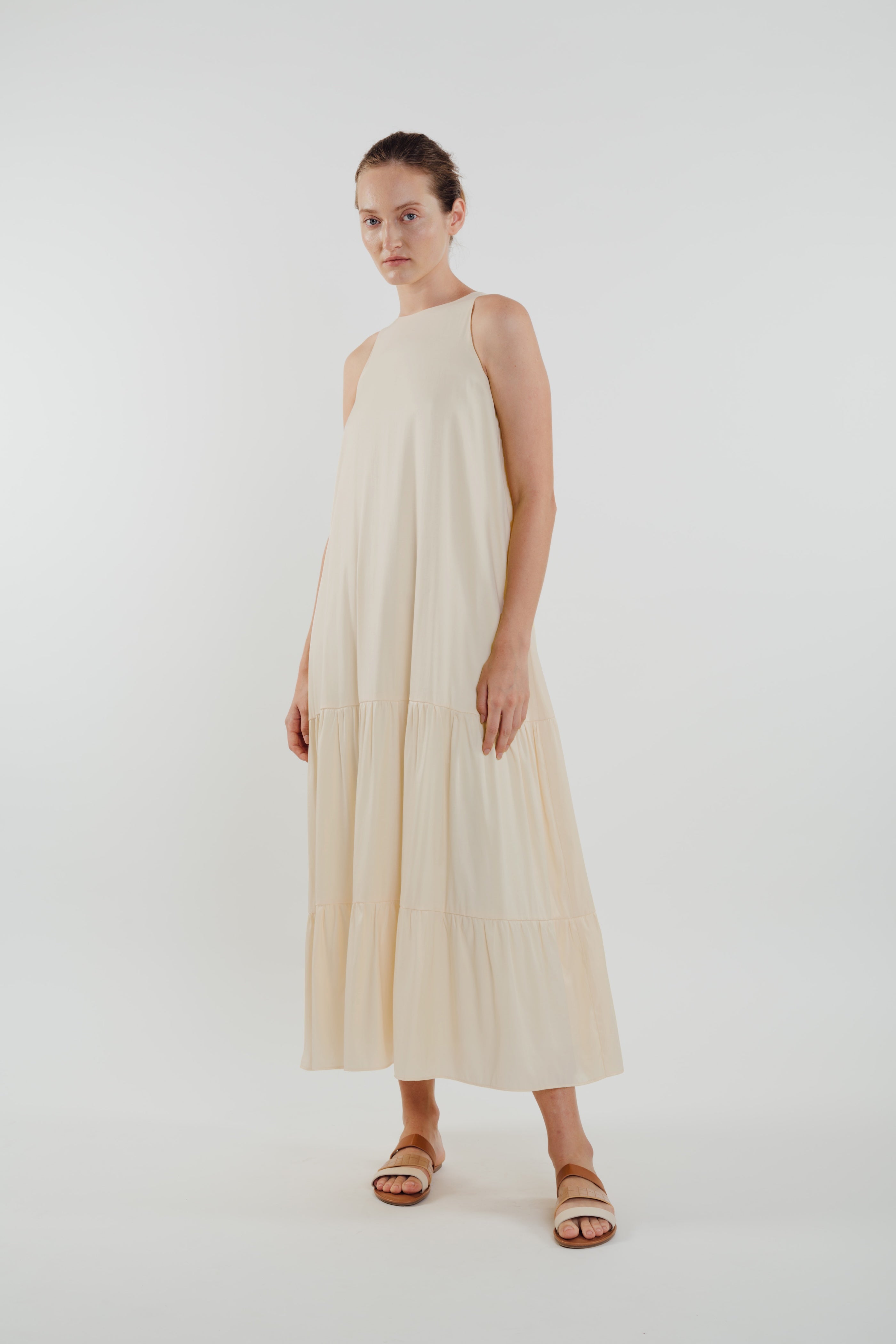 Cotton Blend Tiered Maxi Dress in Cream