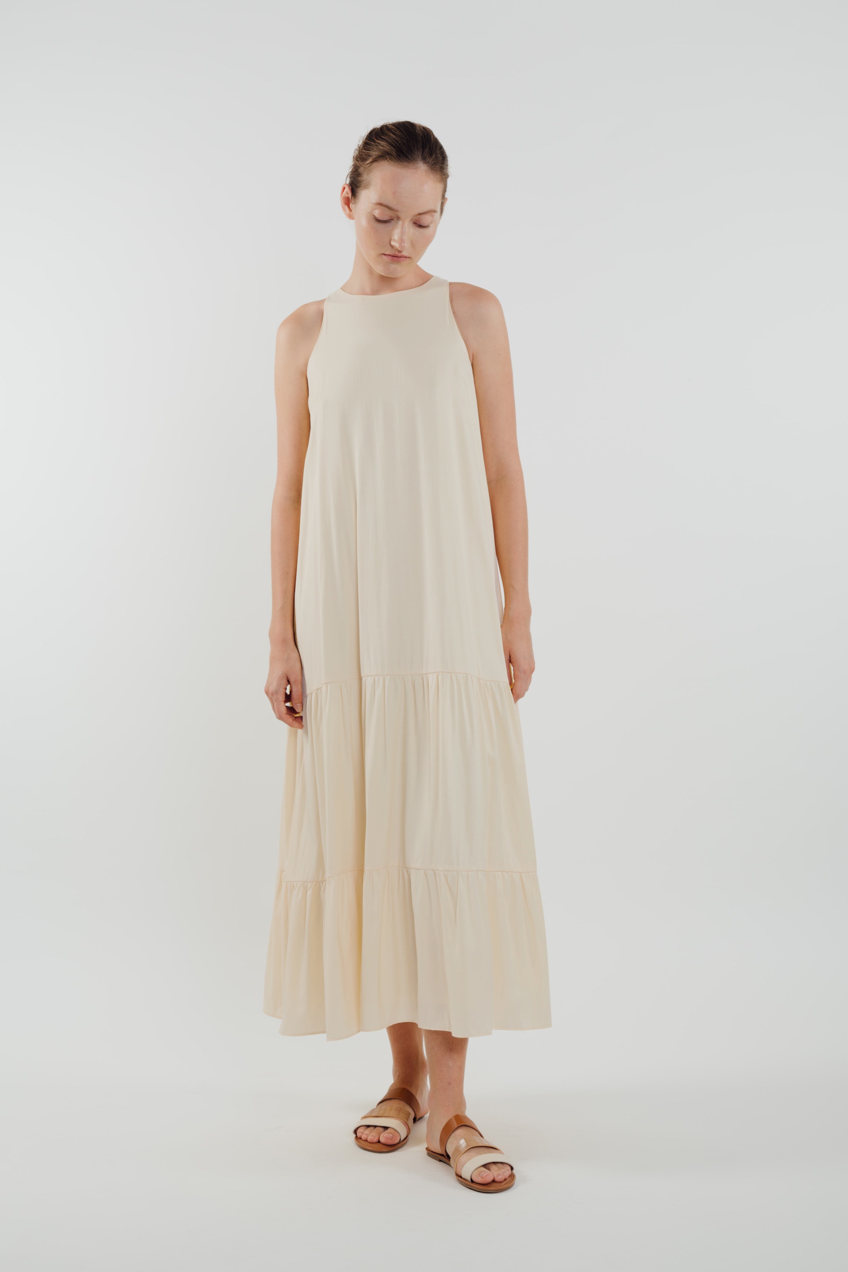 Cotton Blend Tiered Maxi Dress in Cream