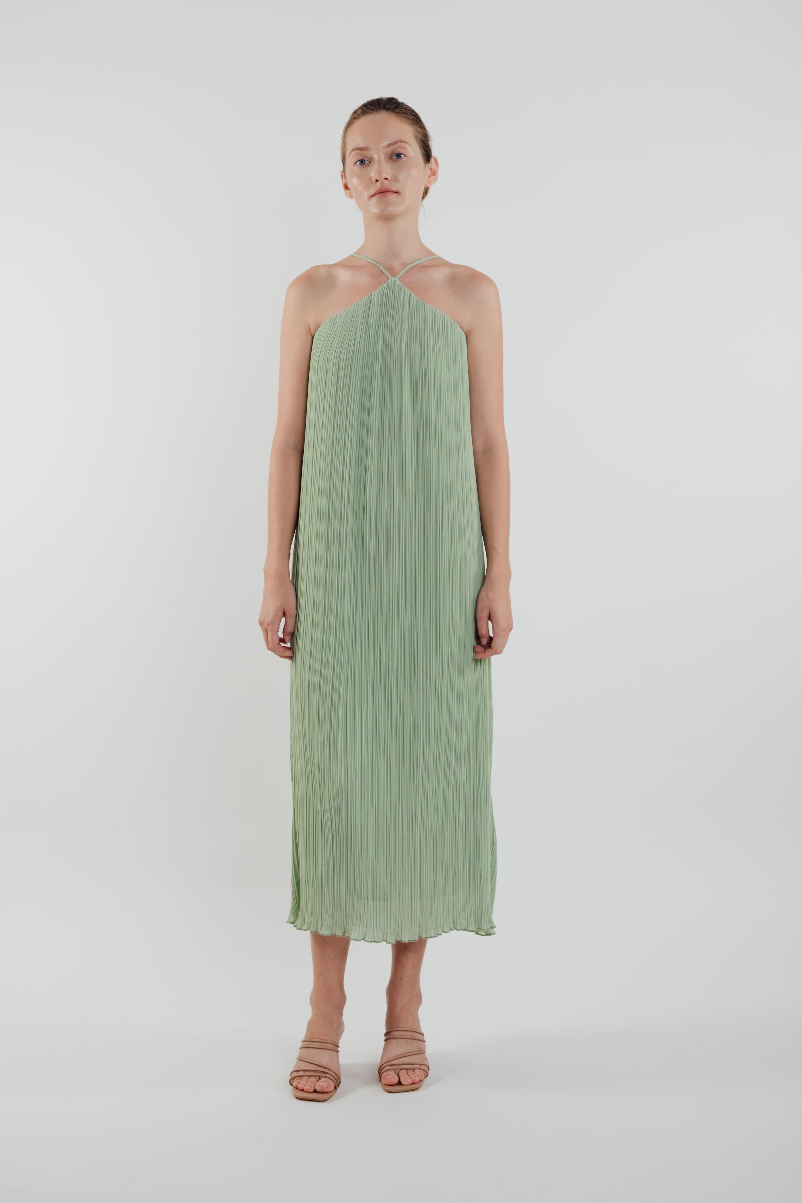 Halter Pleated Maxi Dress in Sage