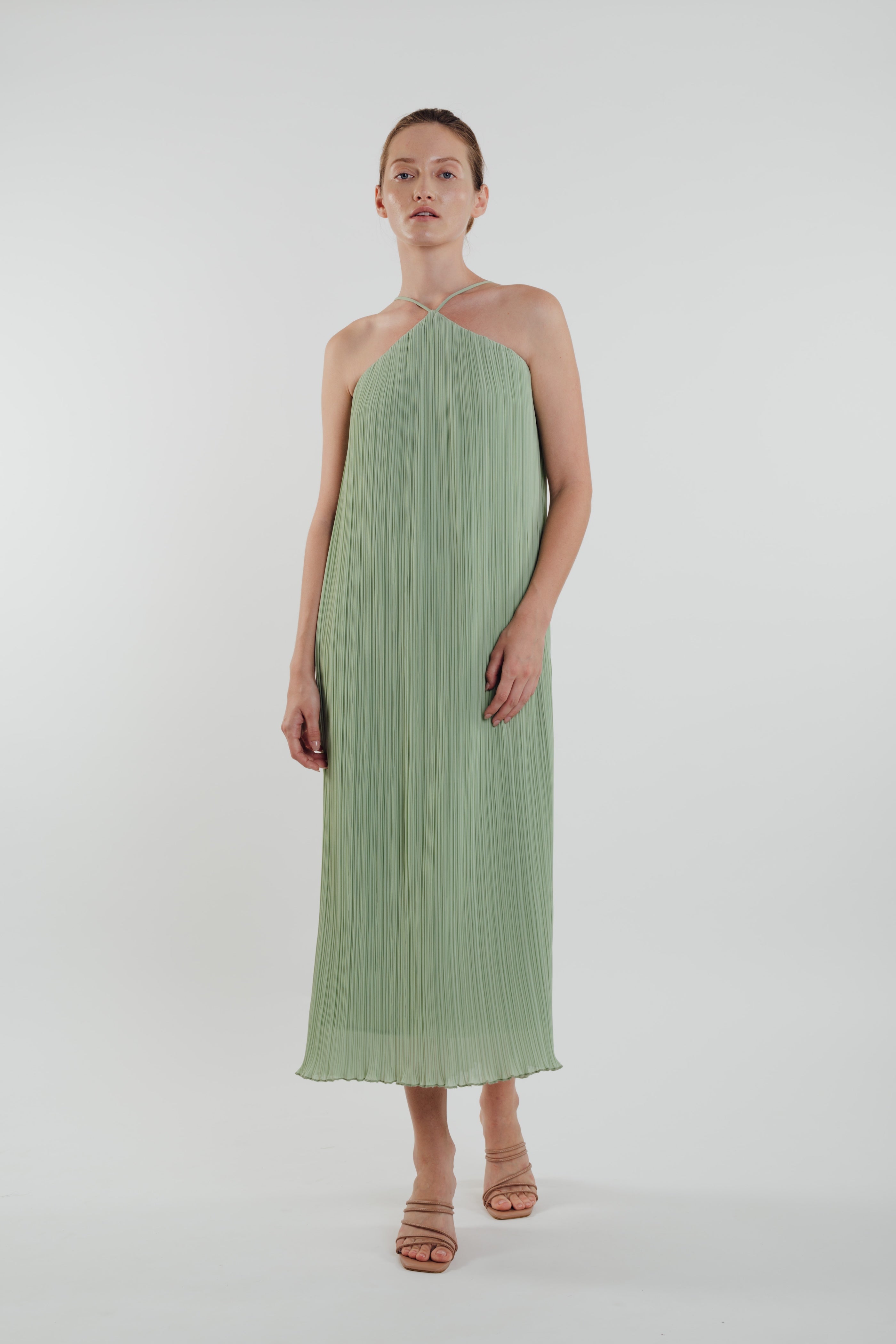 Halter Pleated Maxi Dress in Sage