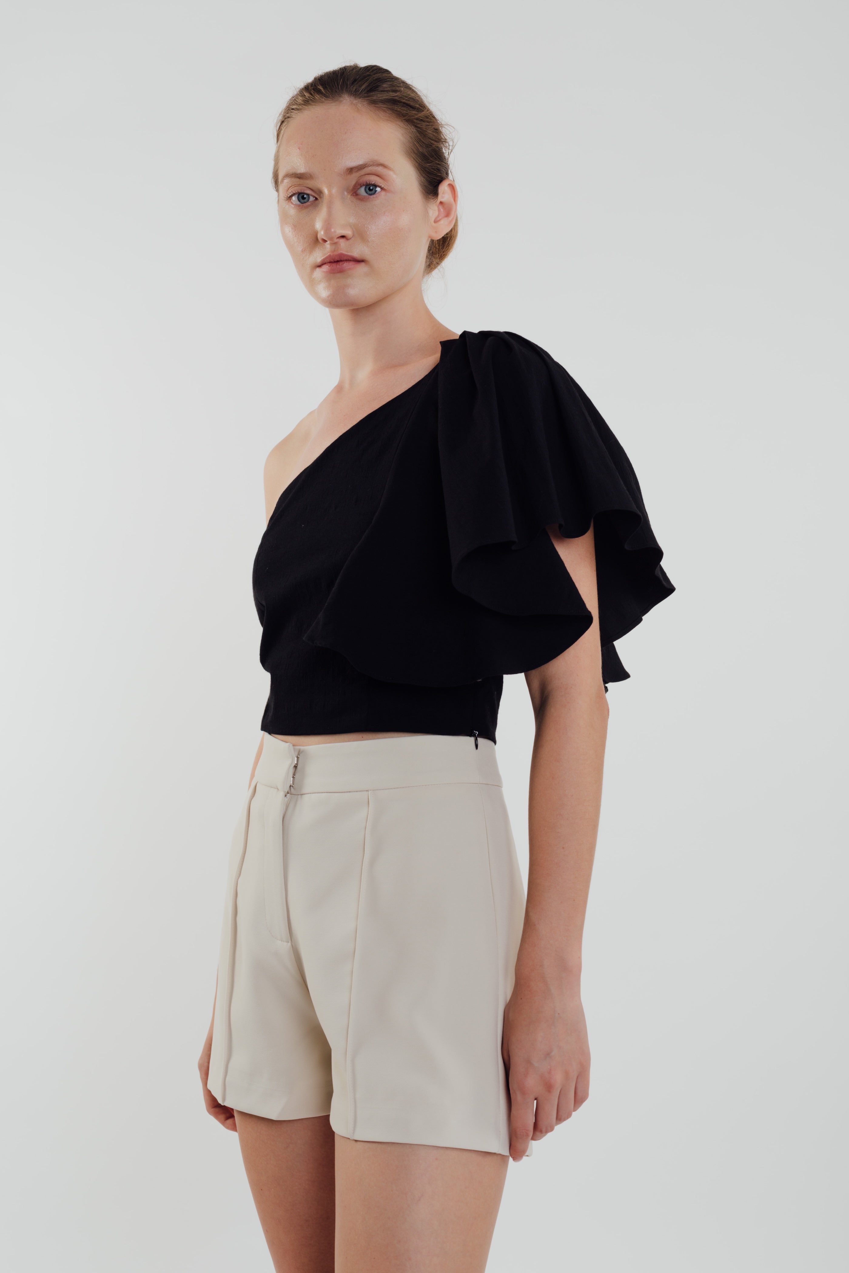 Toga Top with Frilled Sleeve in Black (Sale)