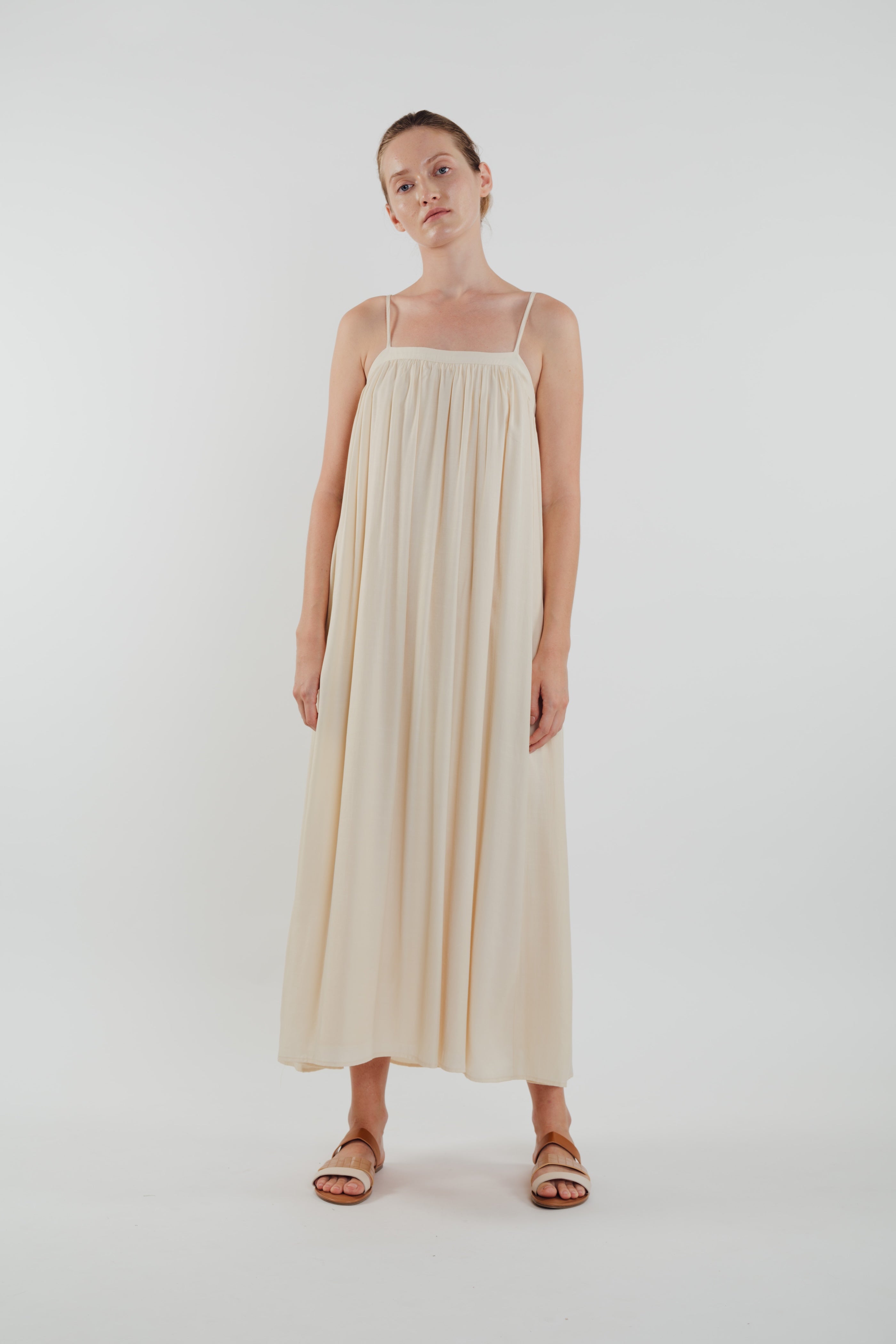 Gathered Midi Dress in Ecru