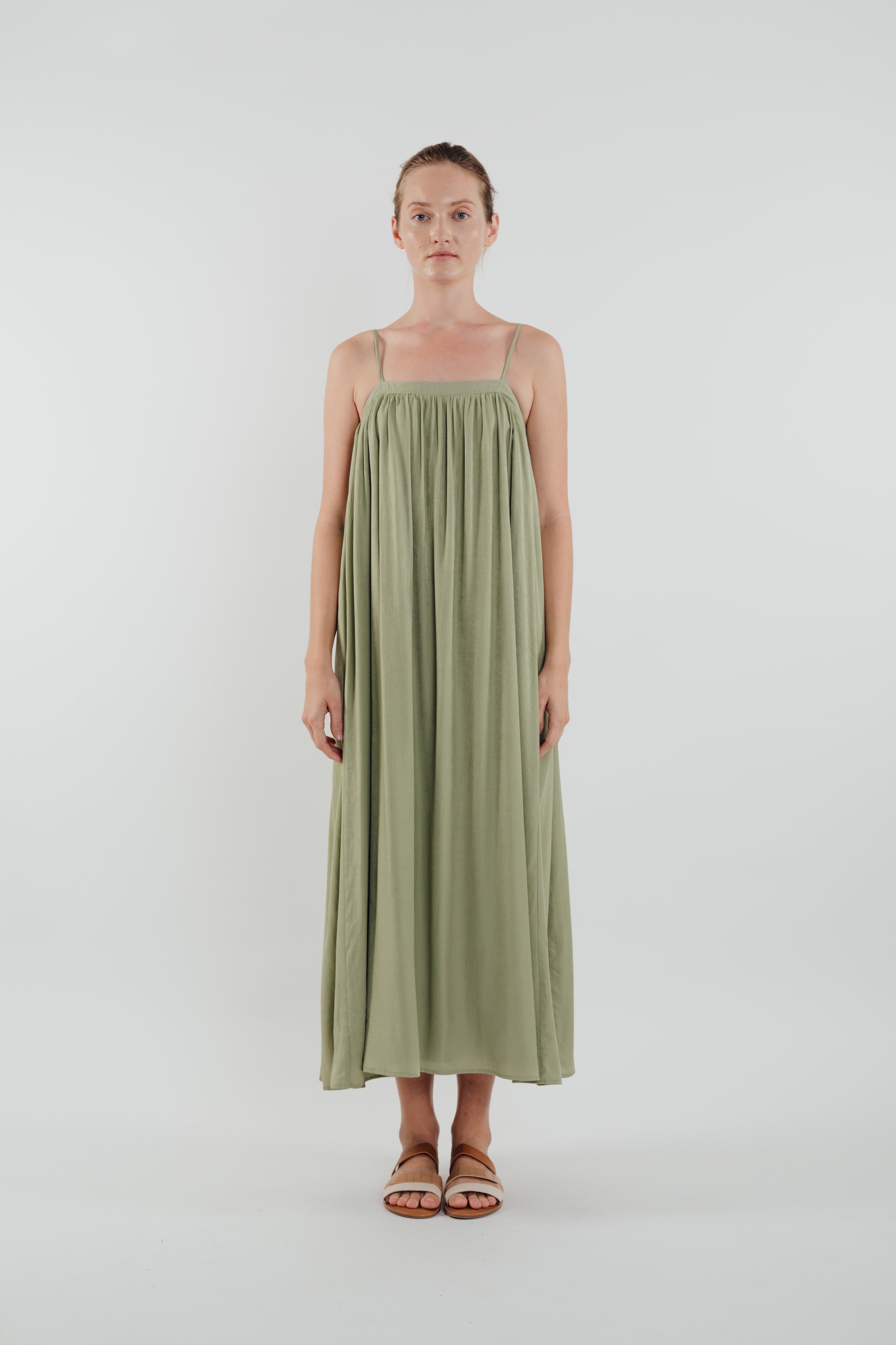 Gathered Midi Dress in Sage