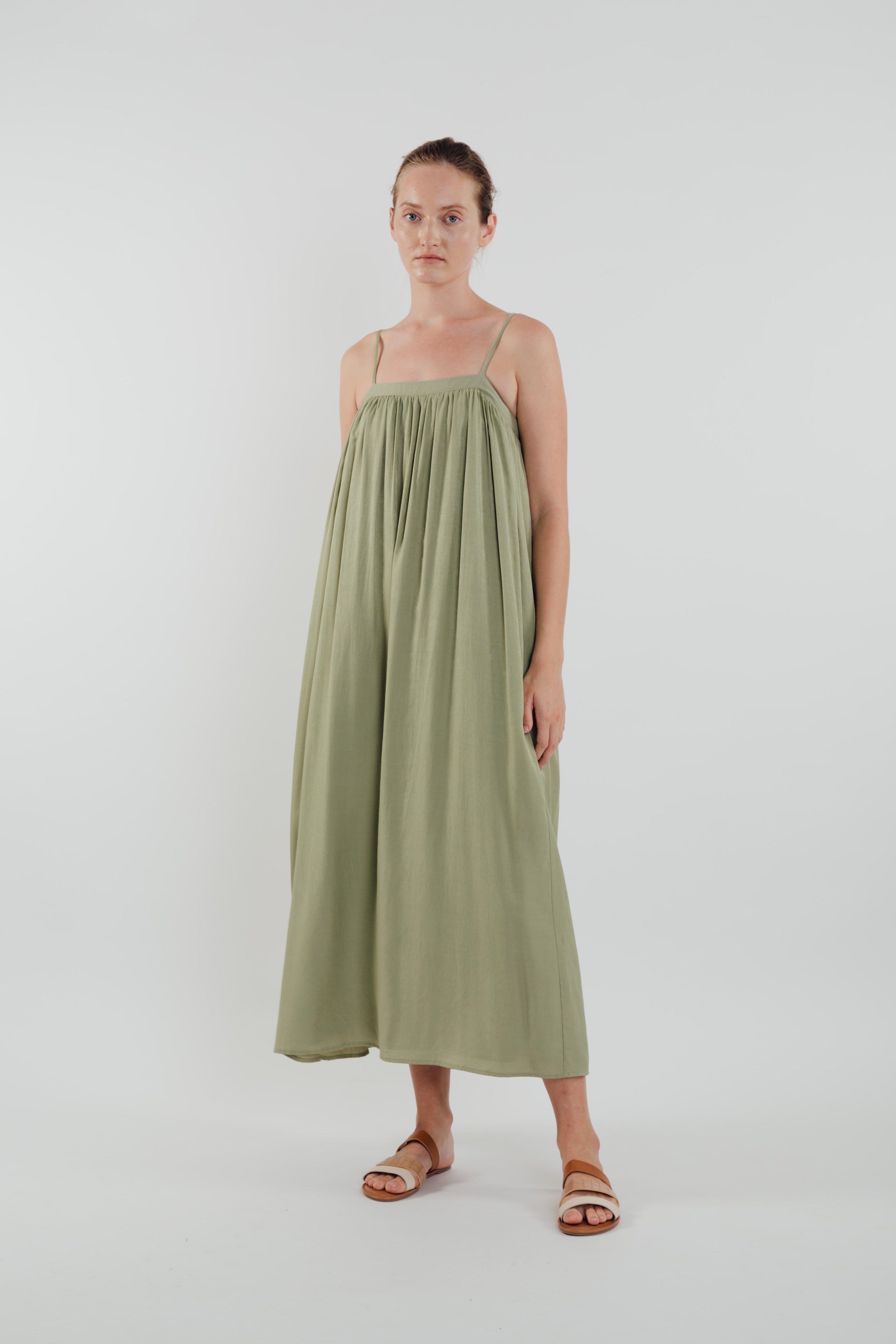 Gathered Midi Dress in Sage