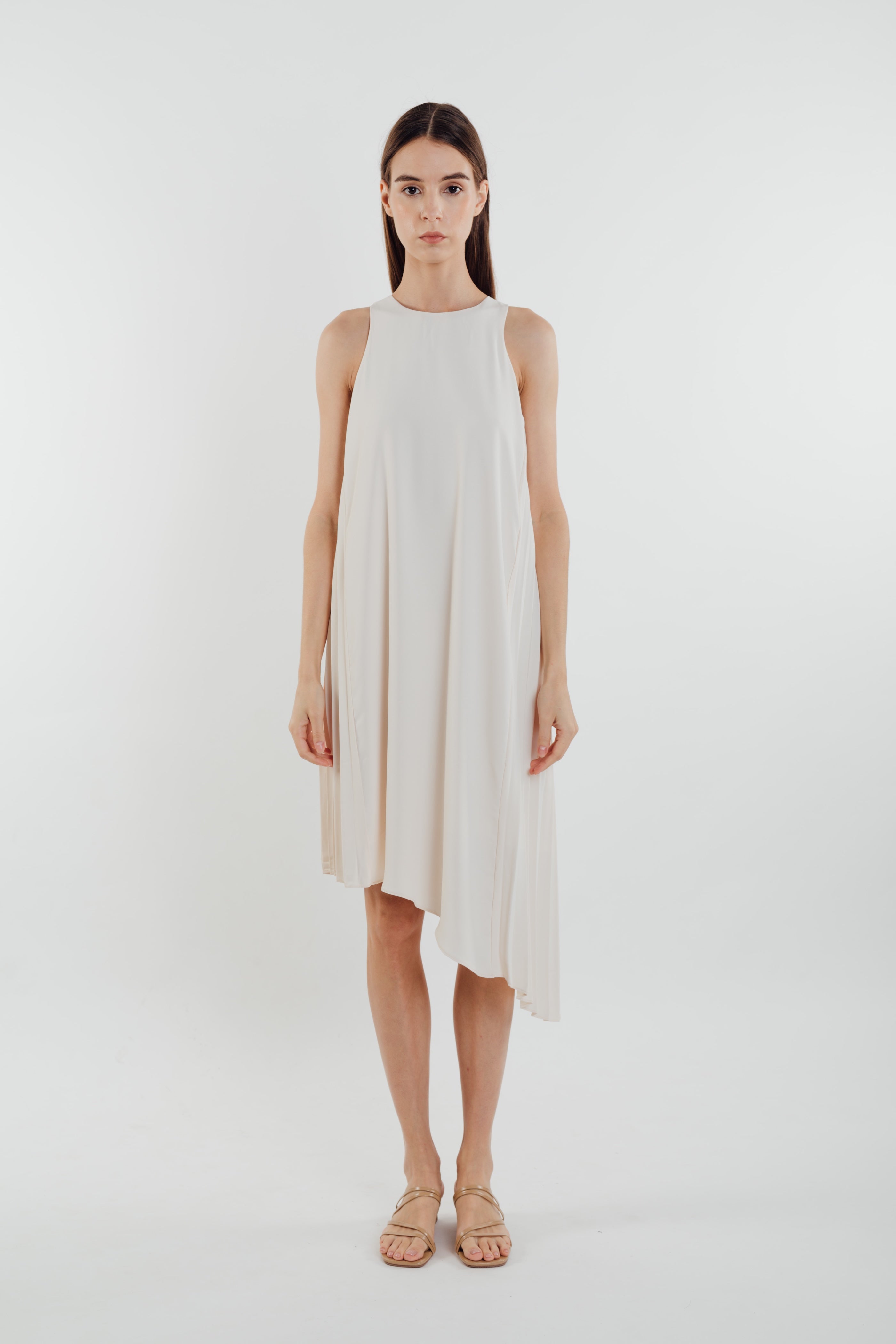Asymmetric Pleated Dress in Pearl