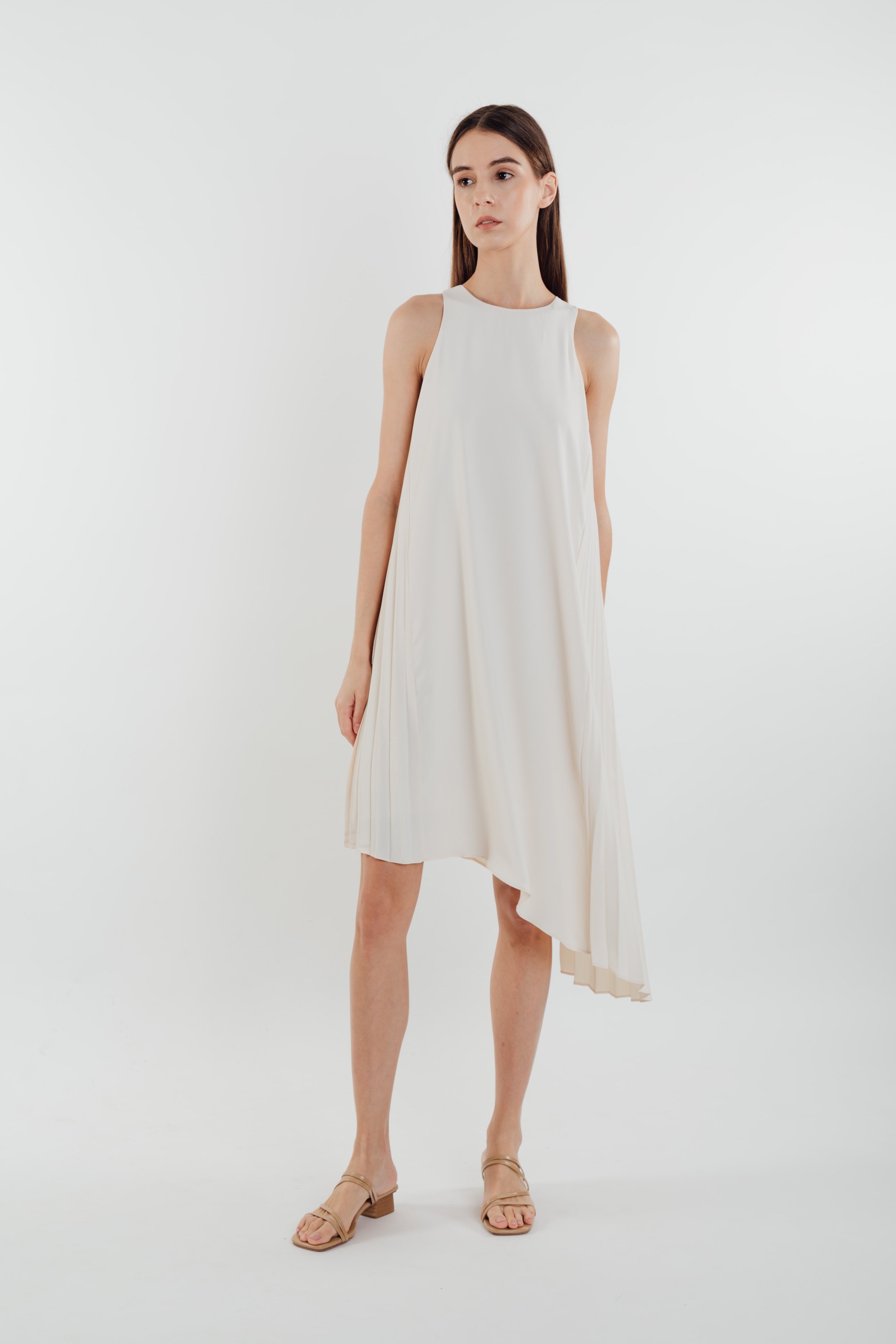 Asymmetric Pleated Dress in Pearl