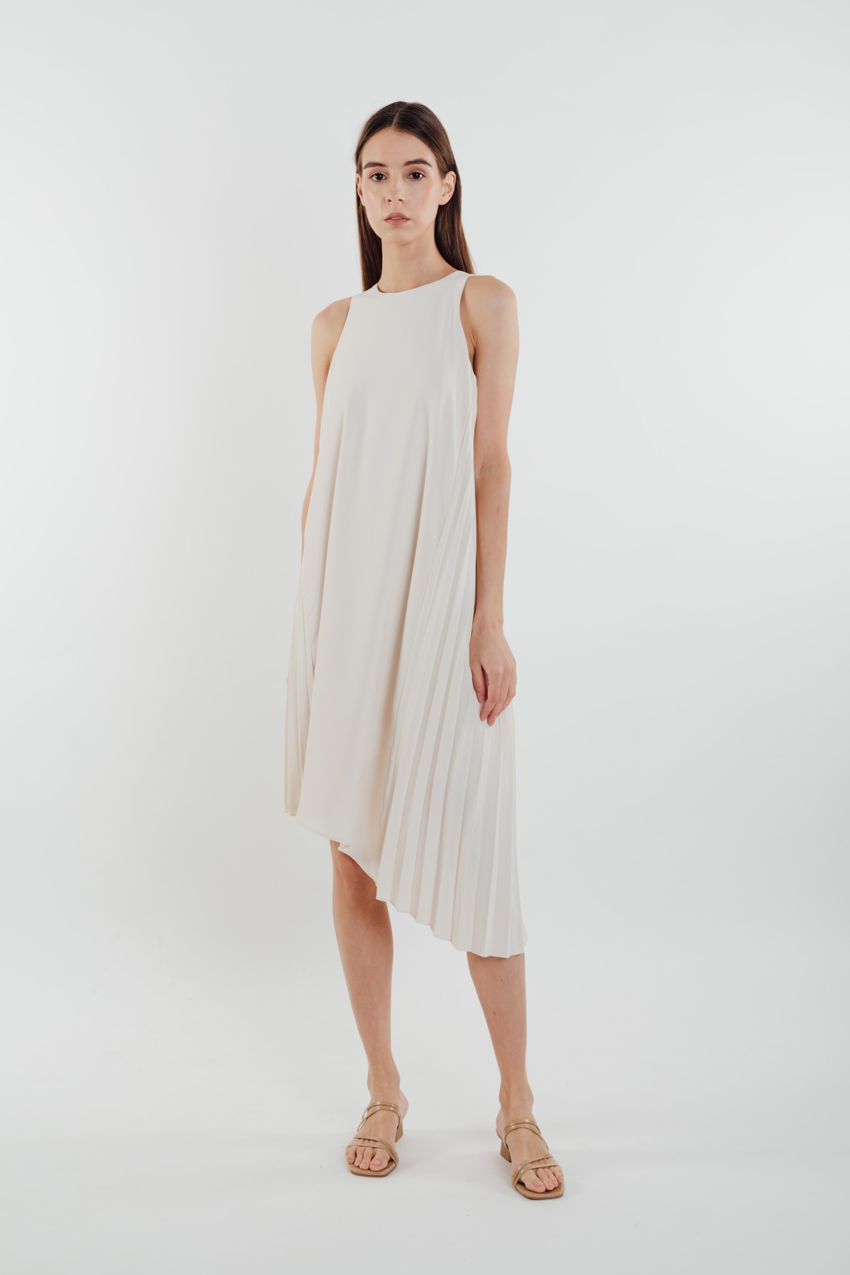Asymmetric Pleated Dress in Pearl