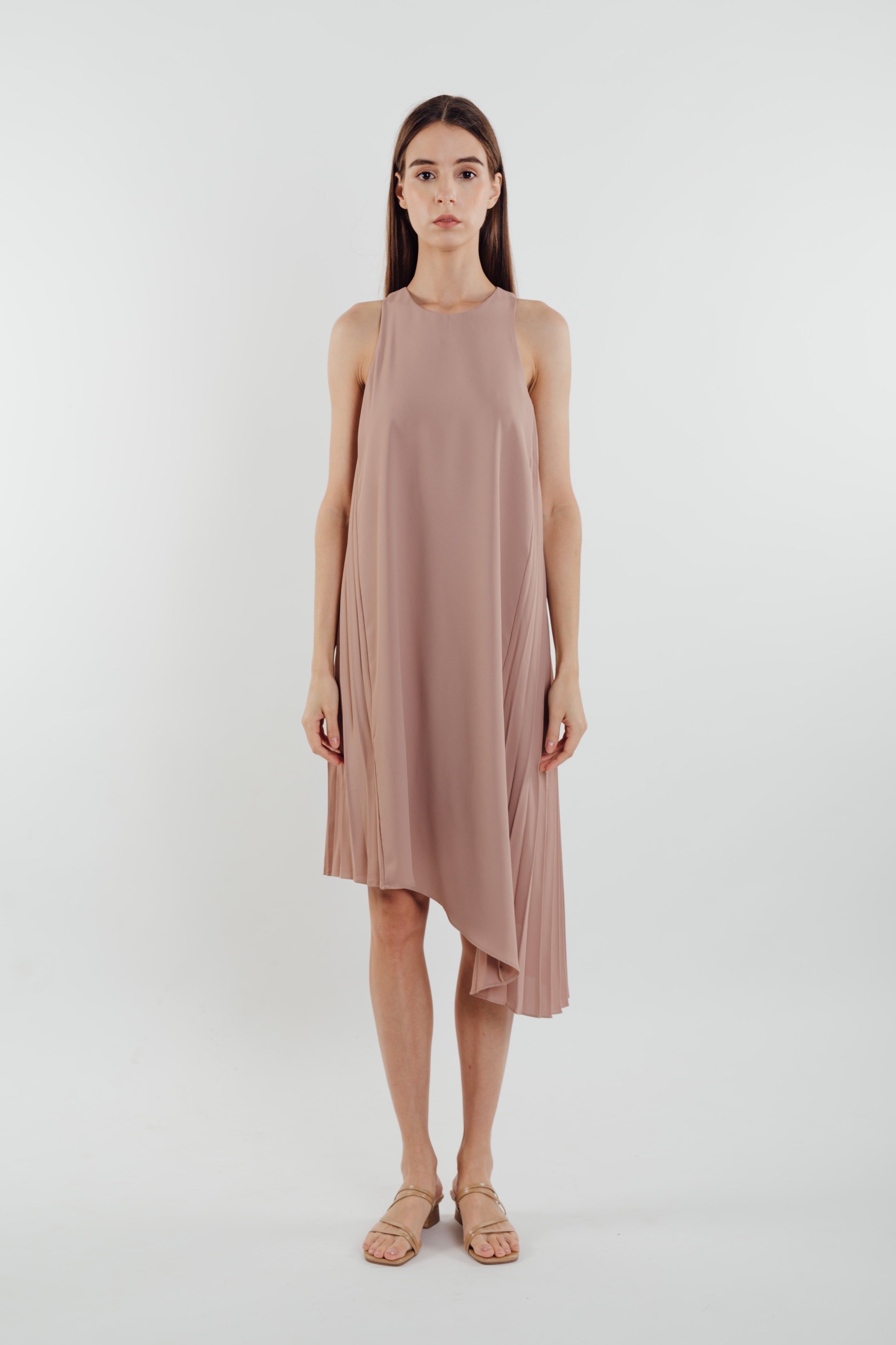 Asymmetric Pleated Dress in Muted Rose