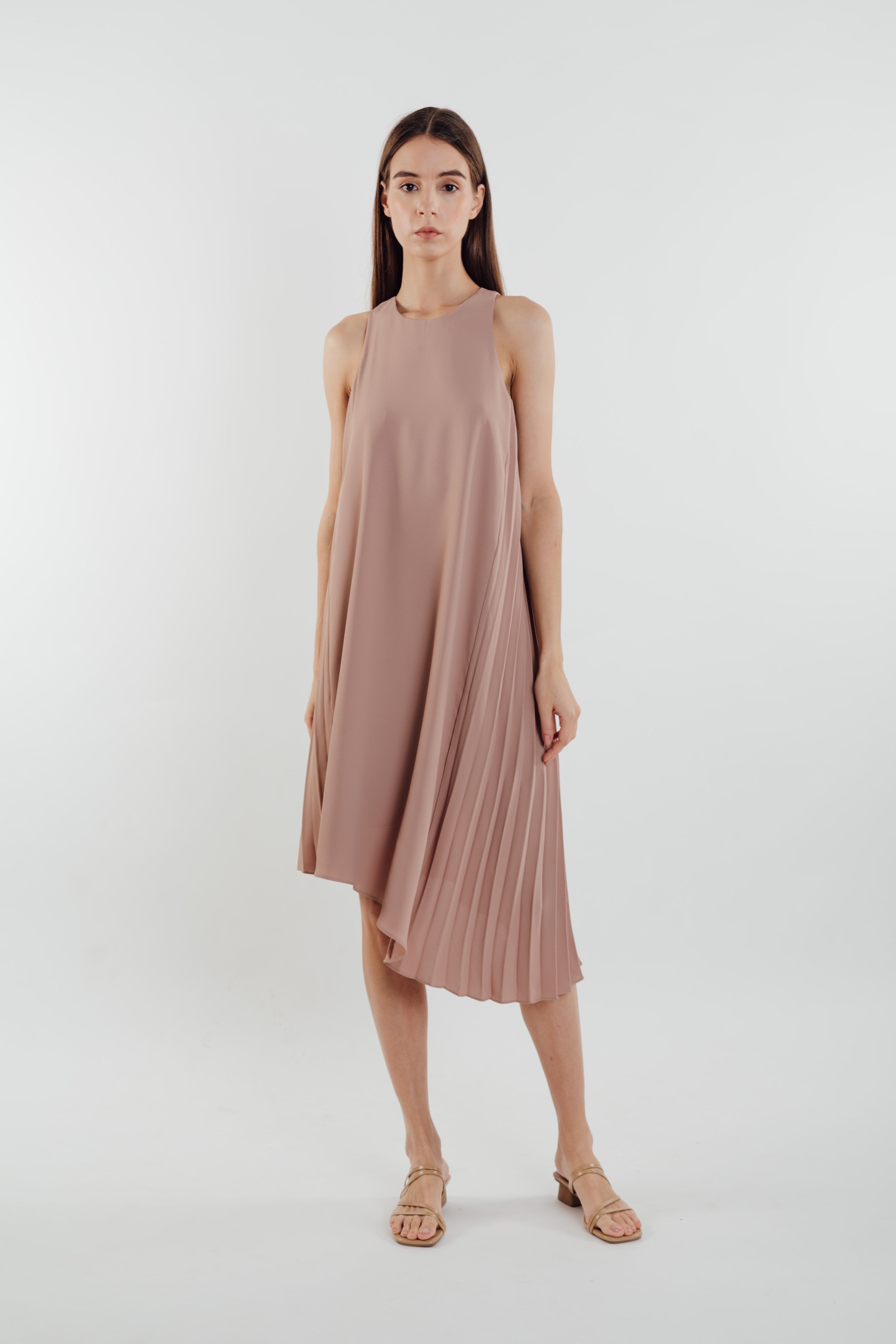 Asymmetric Pleated Dress in Muted Rose