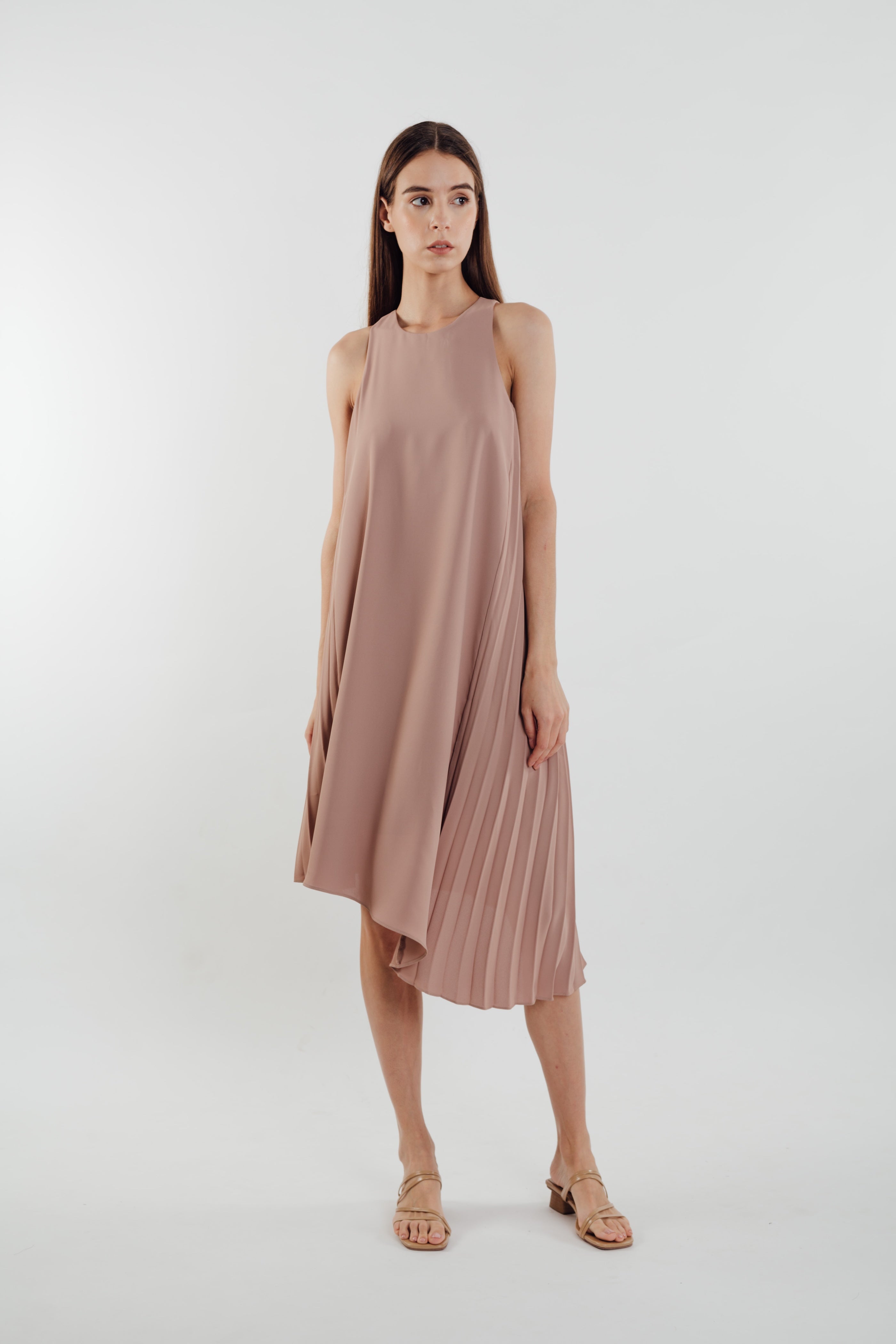 Asymmetric Pleated Dress in Muted Rose