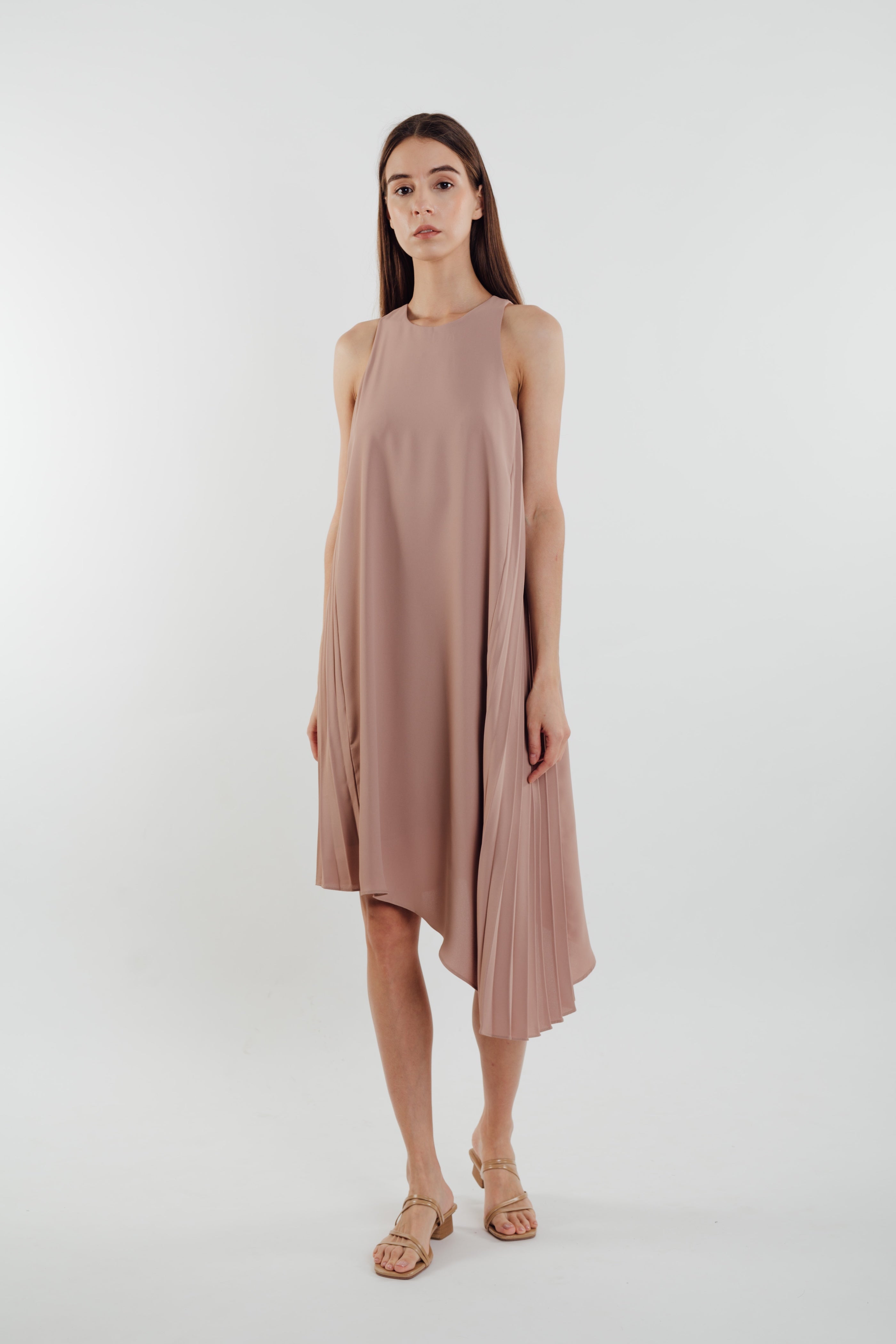 Asymmetric Pleated Dress in Muted Rose