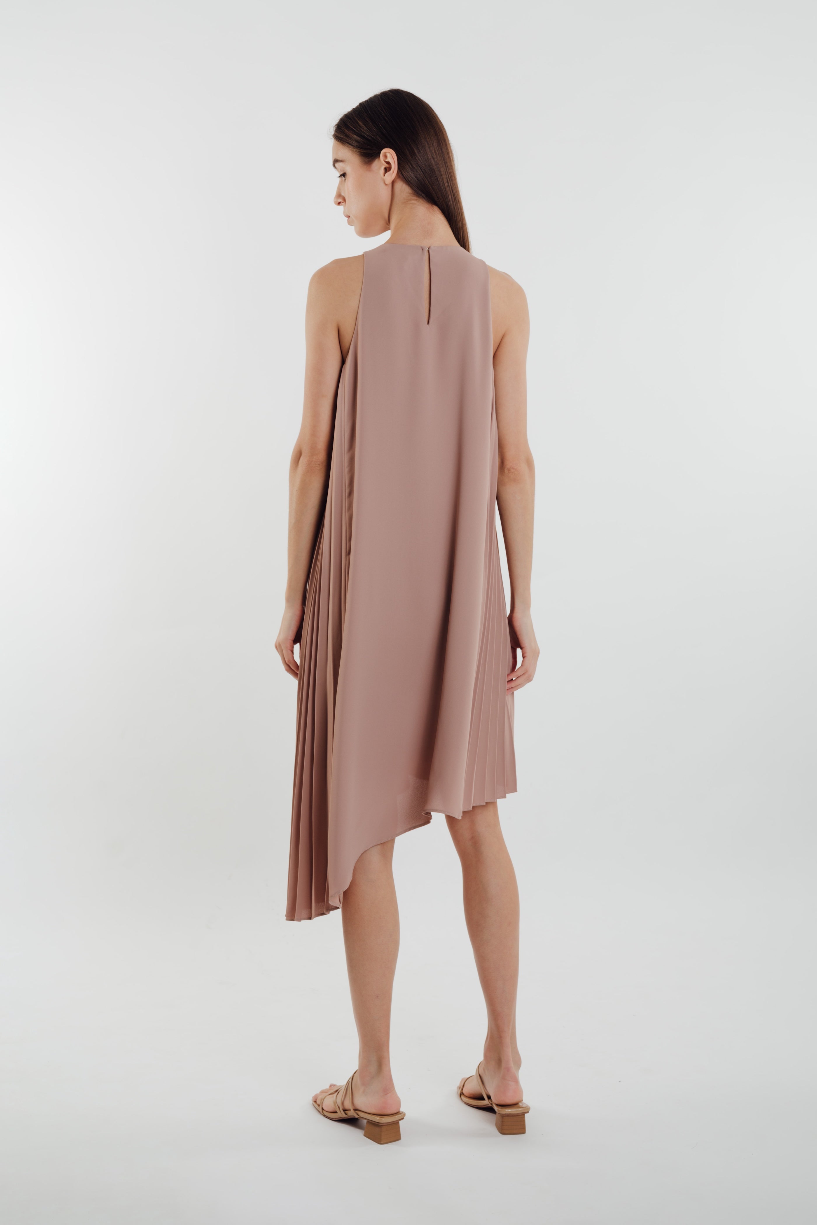 Asymmetric Pleated Dress in Muted Rose