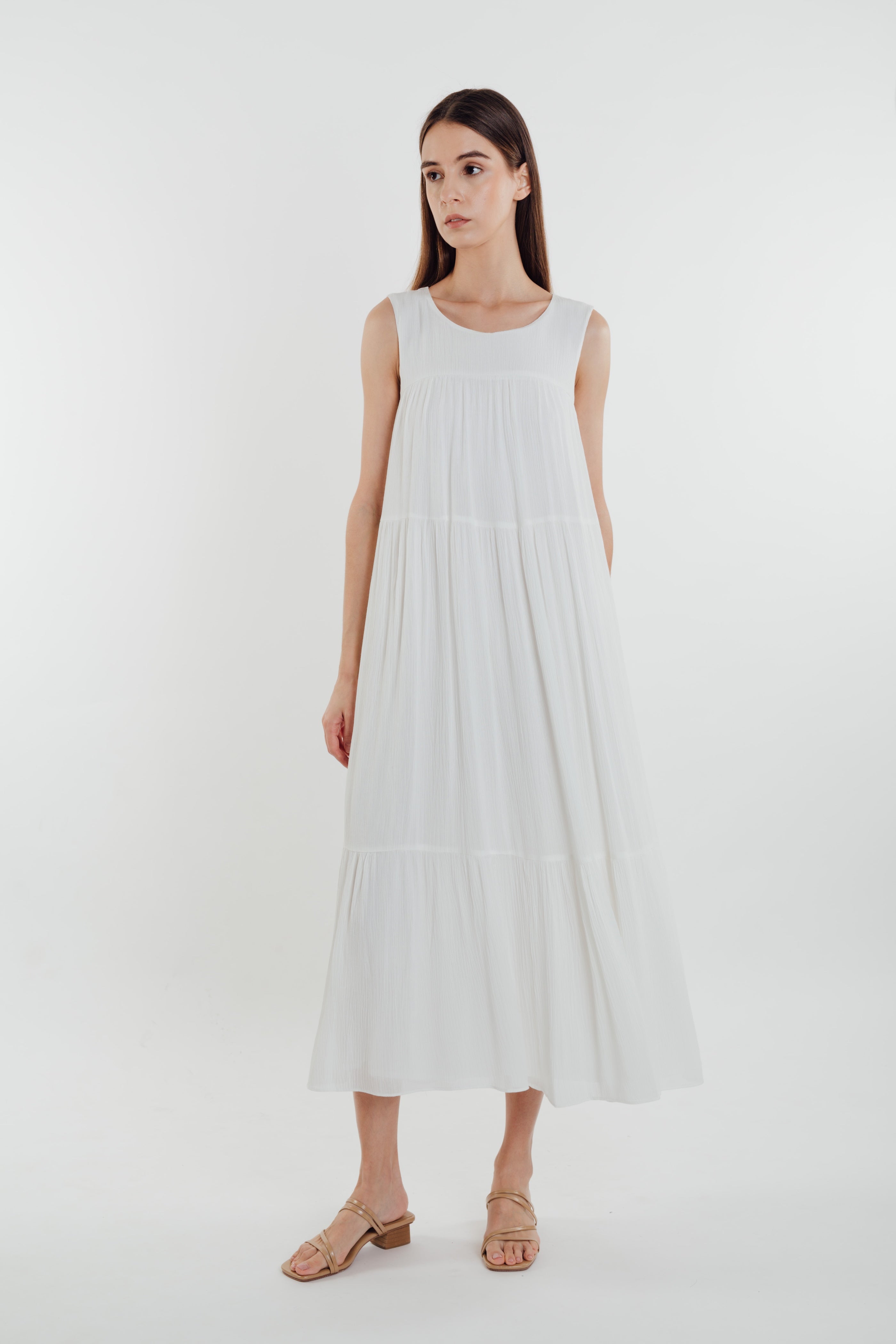 Tiered Textured Crepe Maxi Dress in White (Sale)