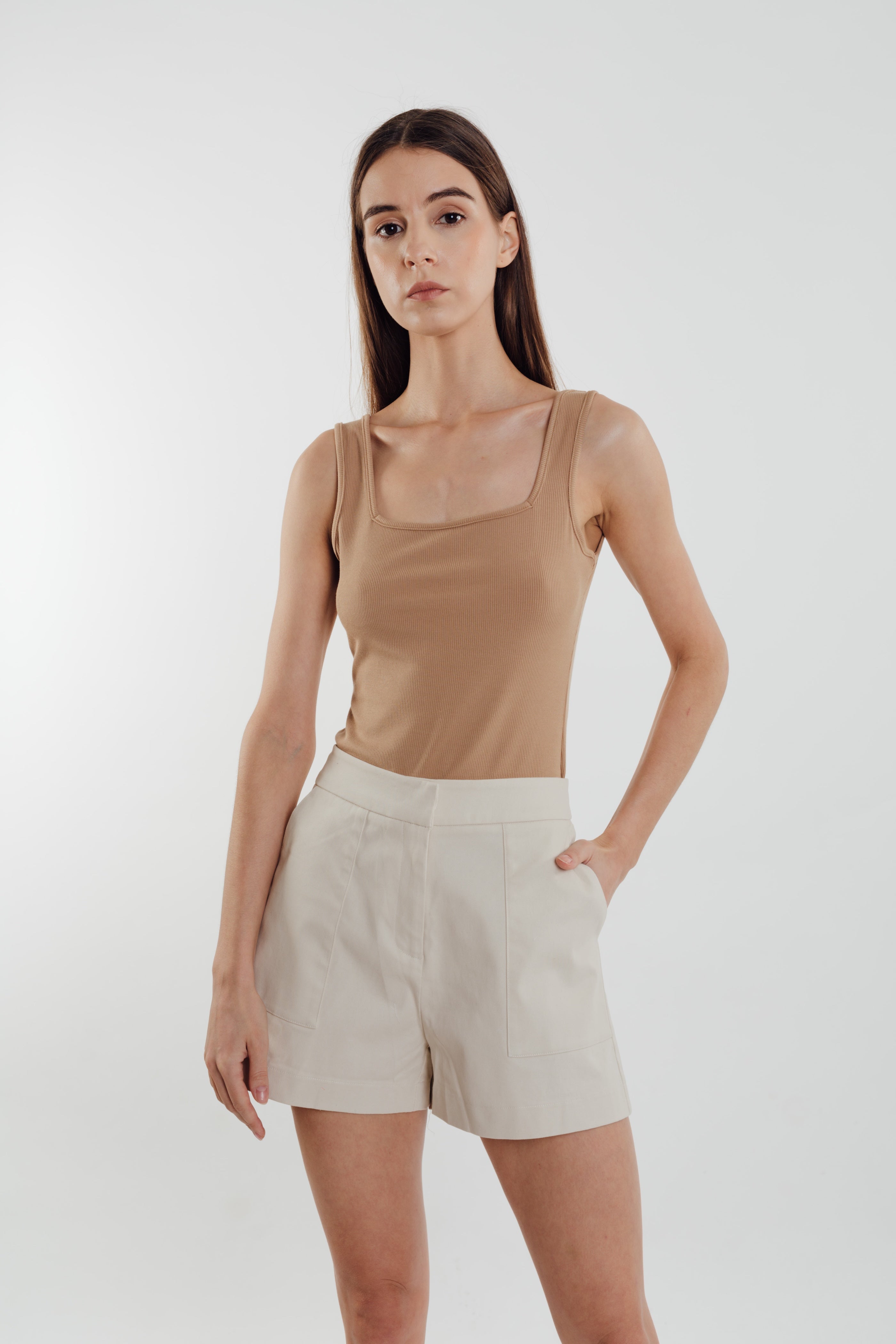Square Neck Knit Tank in Sand