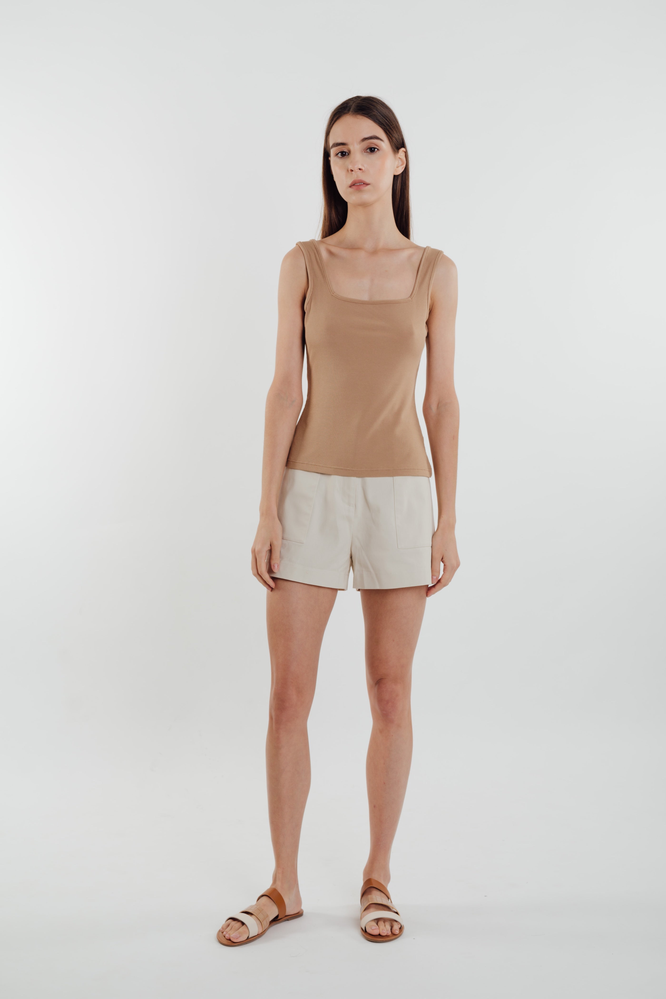 Square Neck Knit Tank in Sand