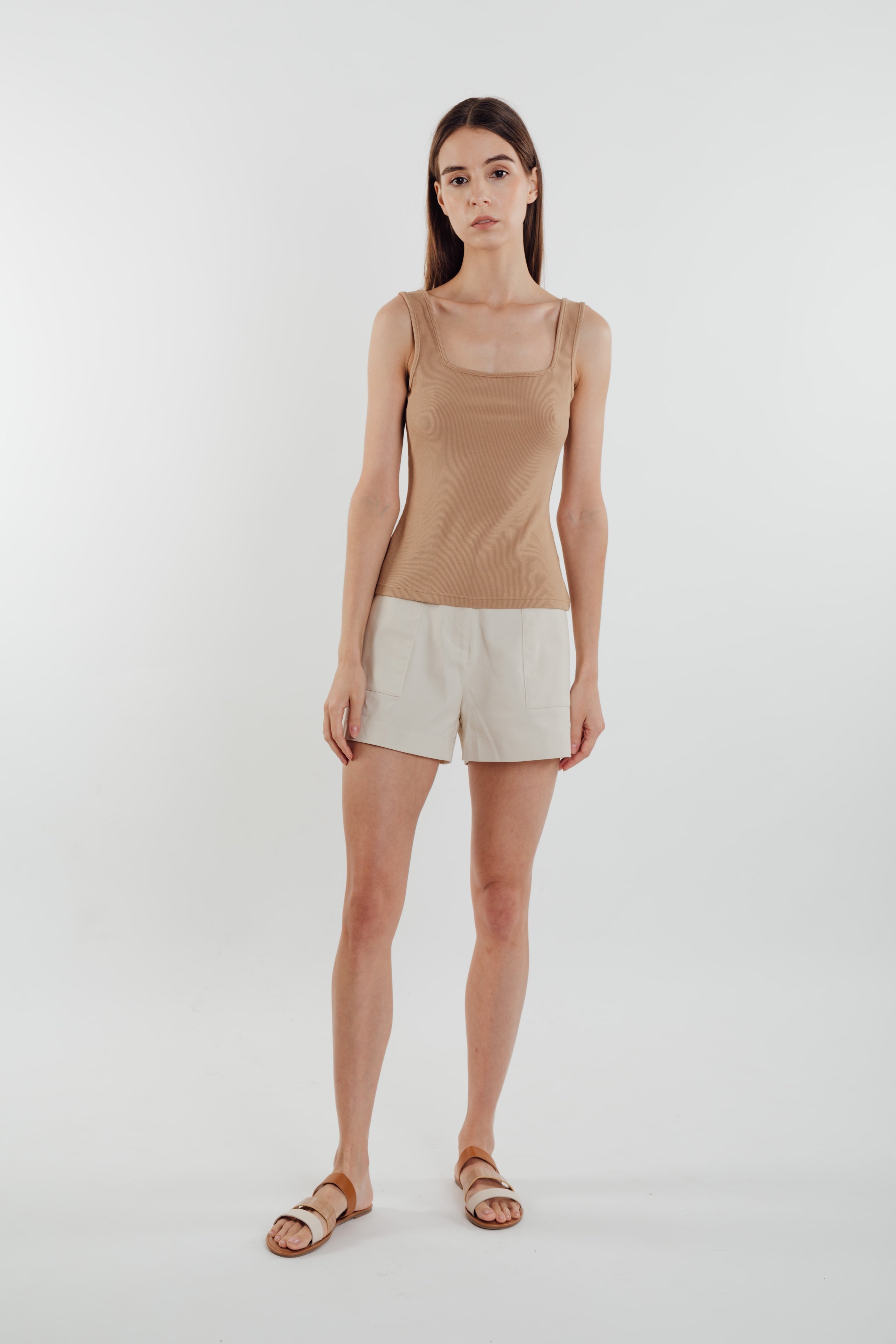 Square Neck Knit Tank in Sand