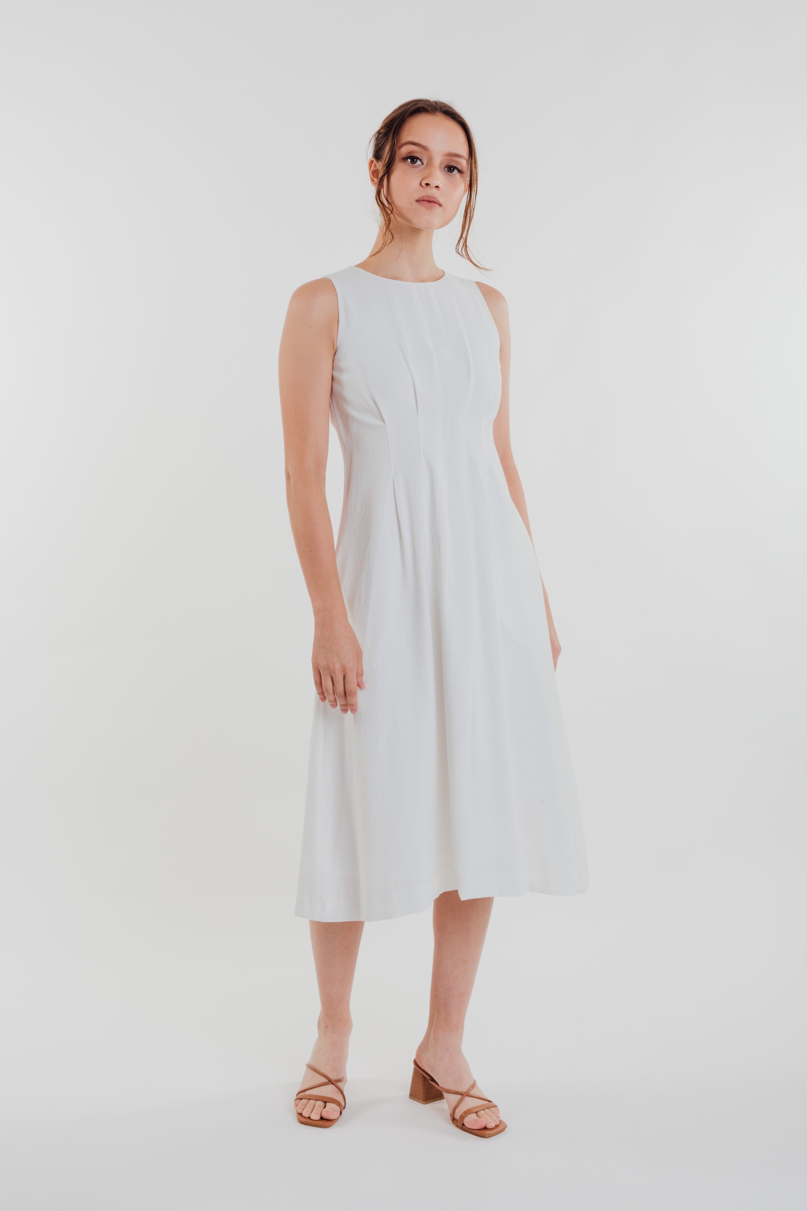 Box Pleated Midi Dress in White (Sale)