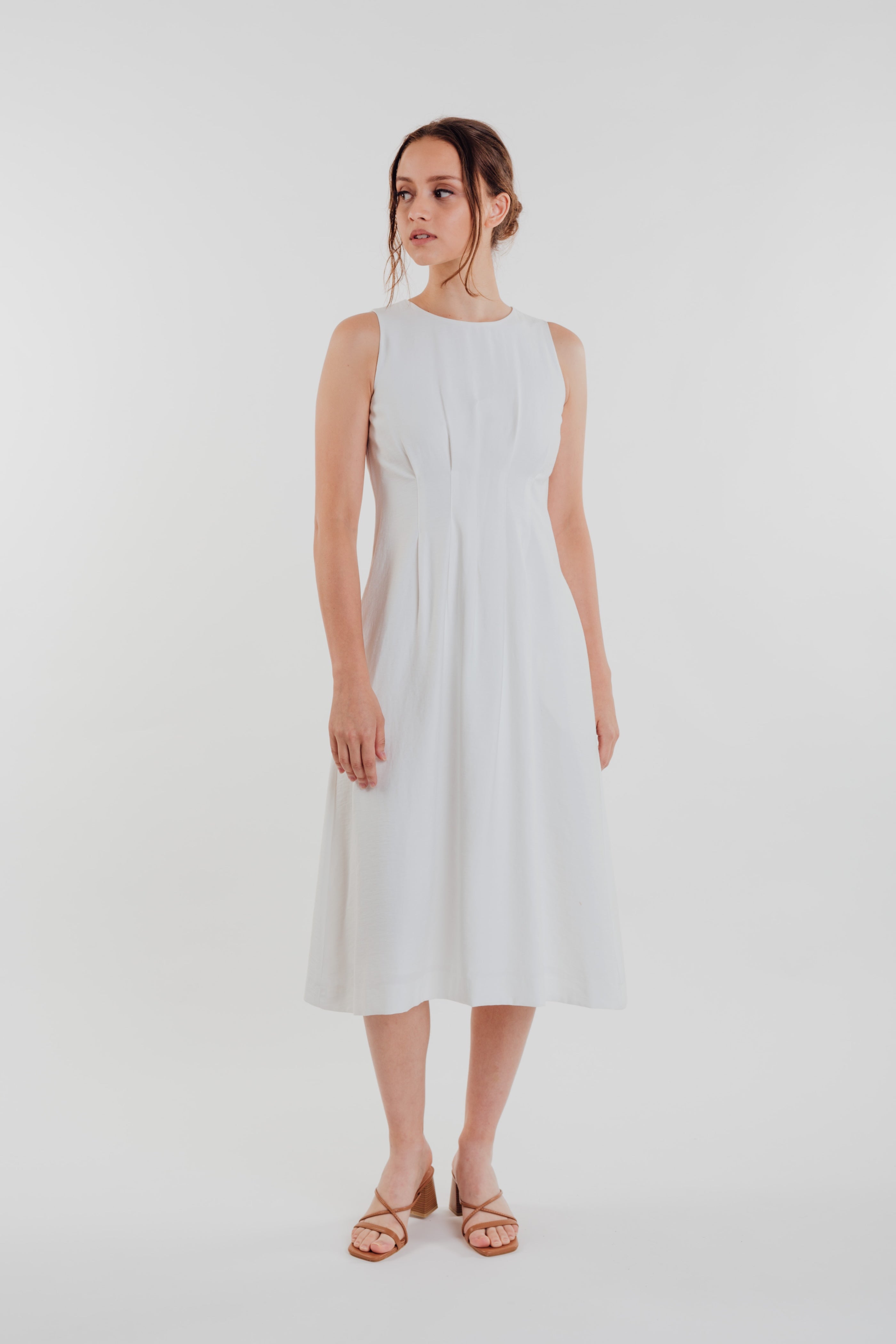 Box Pleated Midi Dress in White (Sale)