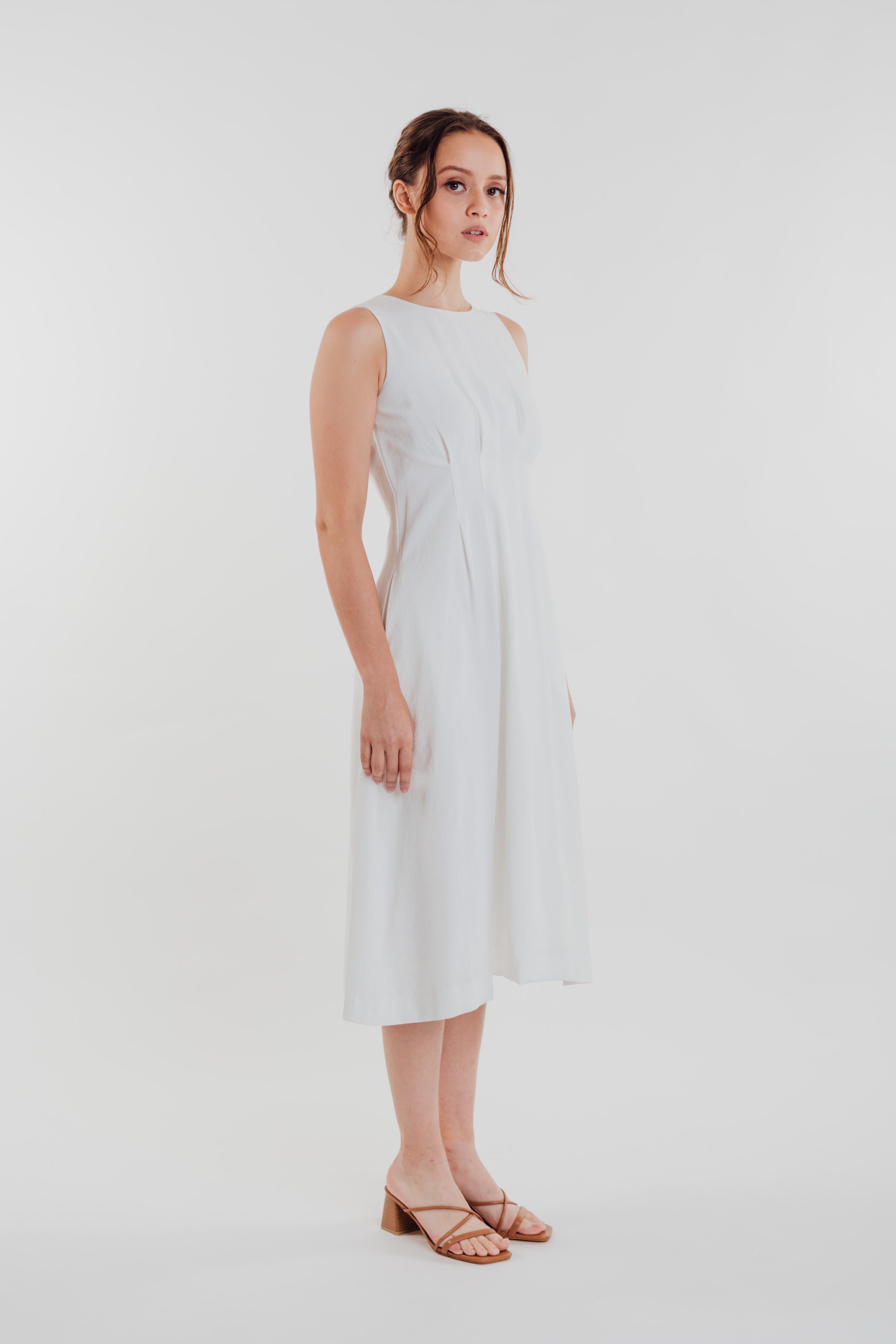 Box Pleated Midi Dress in White (Sale)