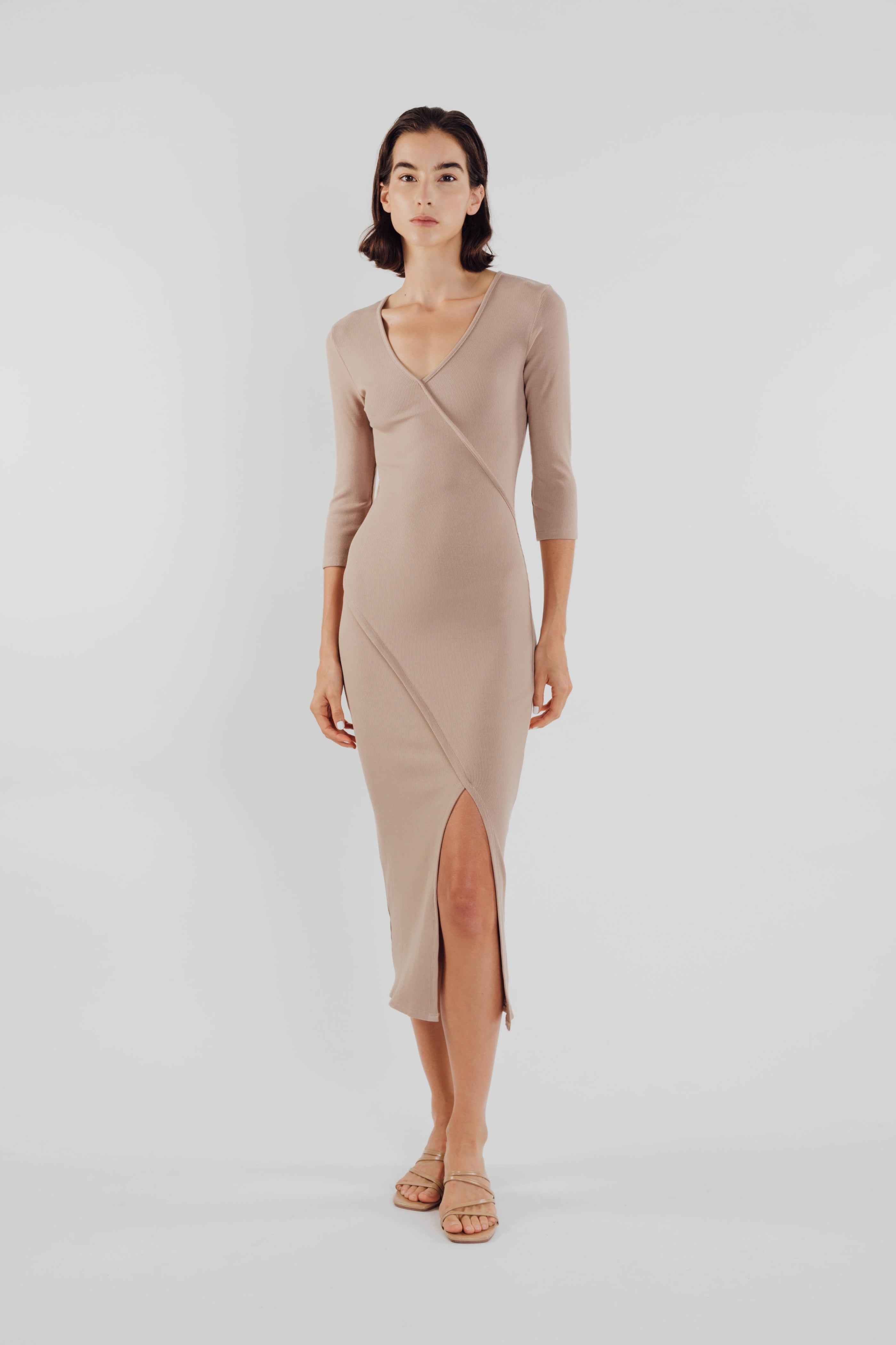 Knit Midi Dress with Slit in Tan