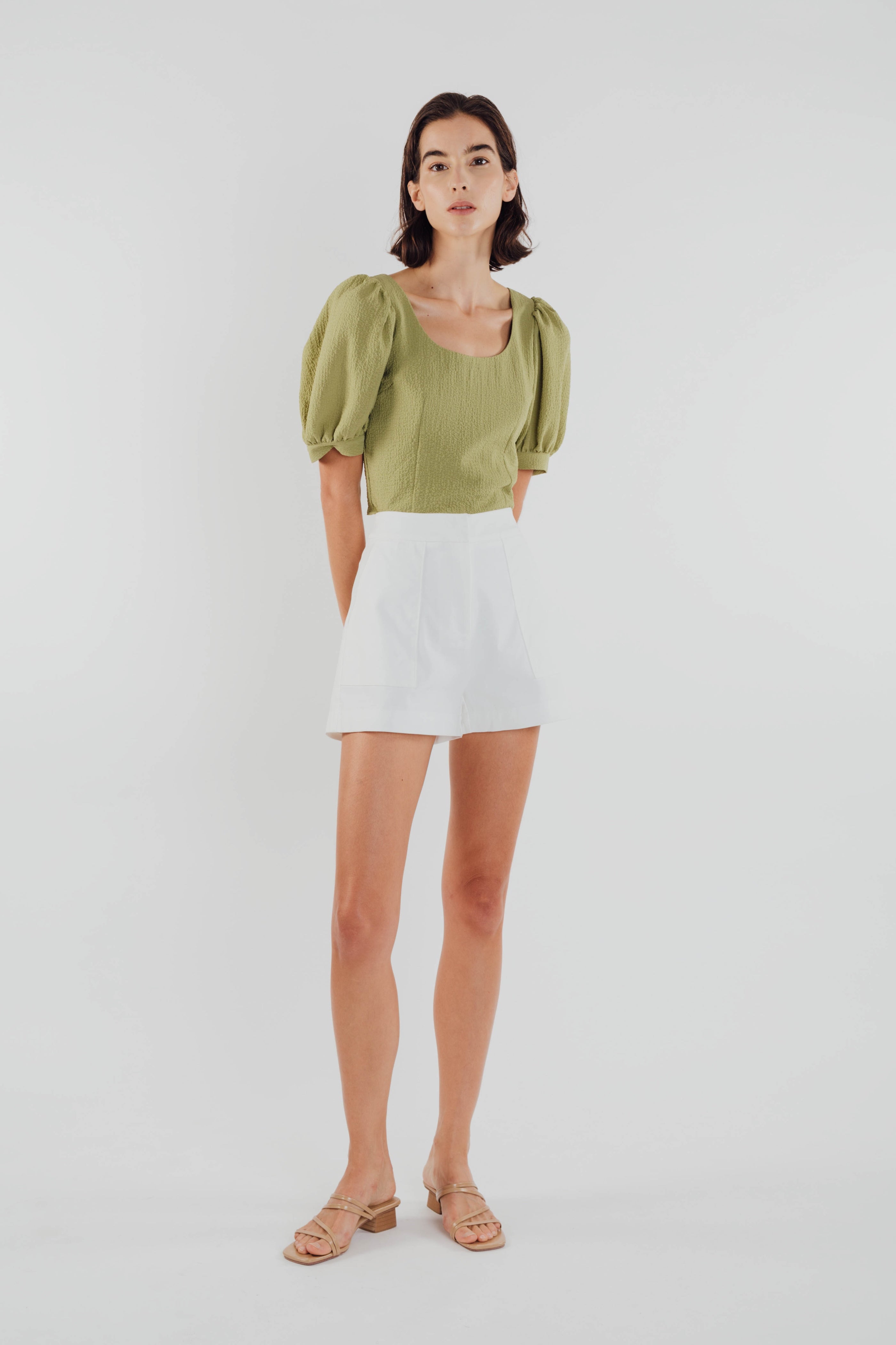 Puffed Sleeved Textured Top in Olive (Sale)