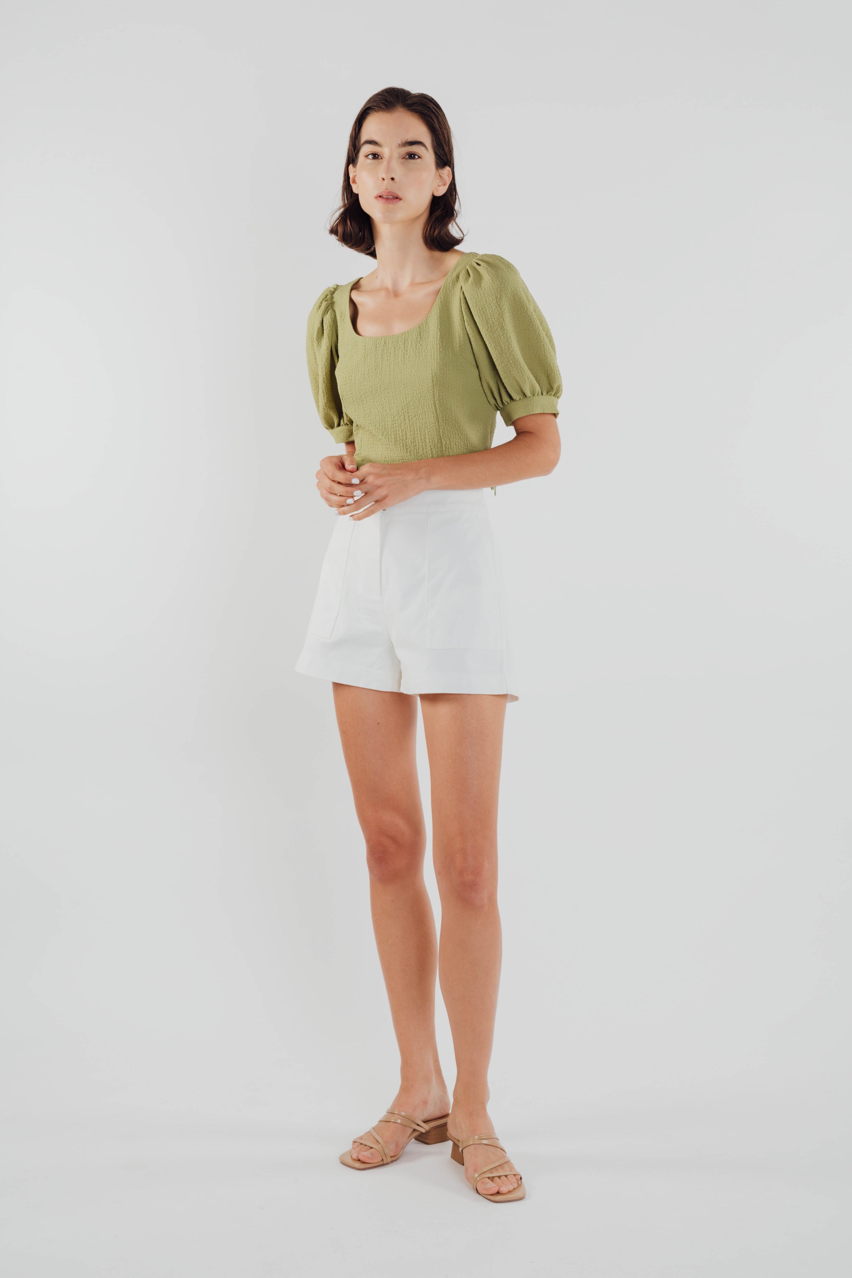 Puffed Sleeved Textured Top in Olive (Sale)