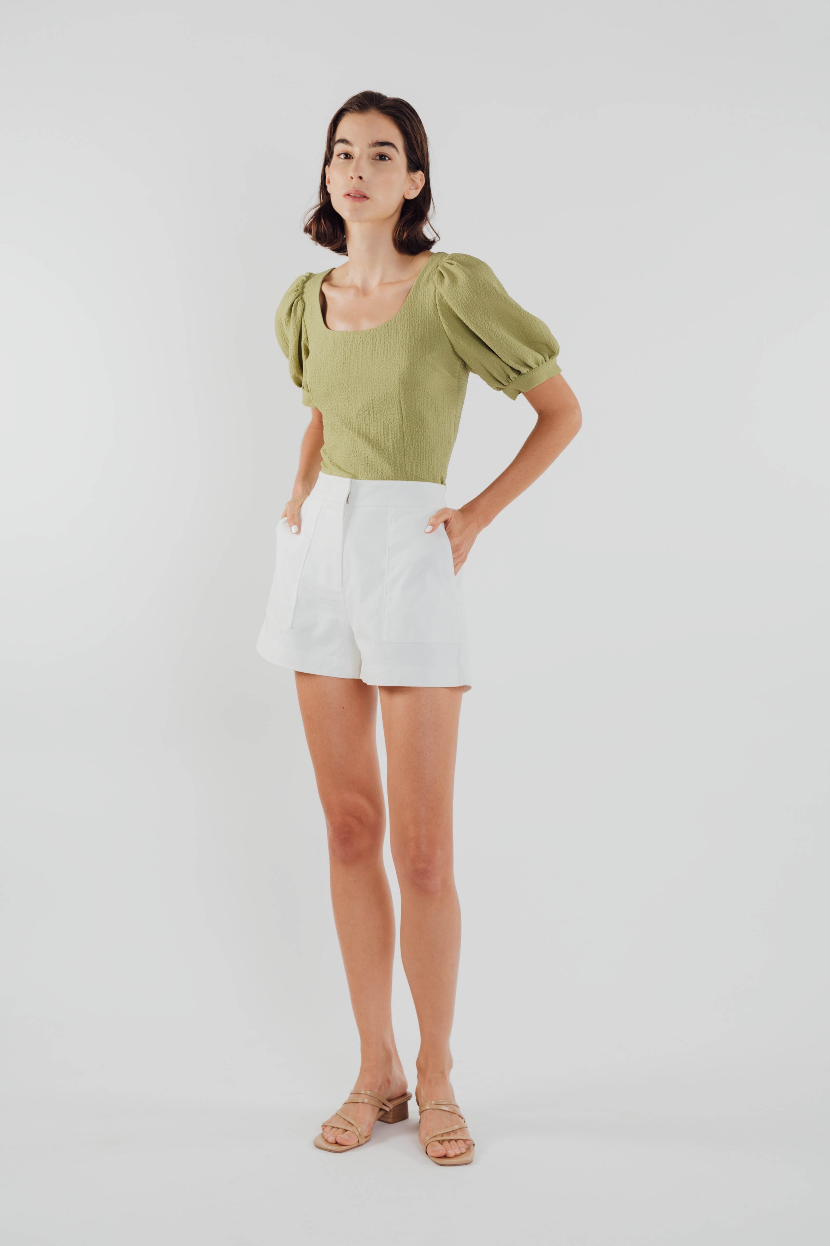 Puffed Sleeved Textured Top in Olive (Sale)