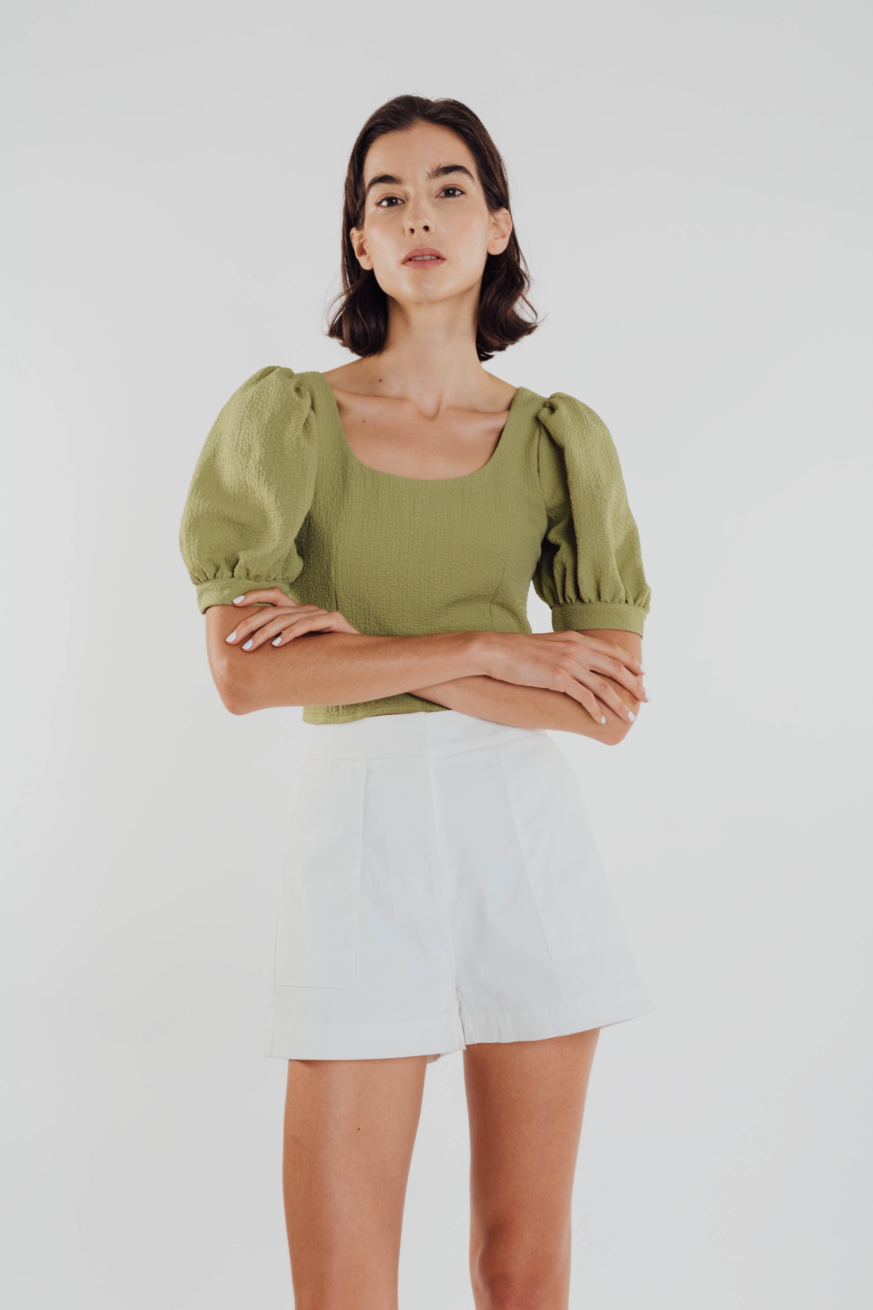 Puffed Sleeved Textured Top in Olive (Sale)