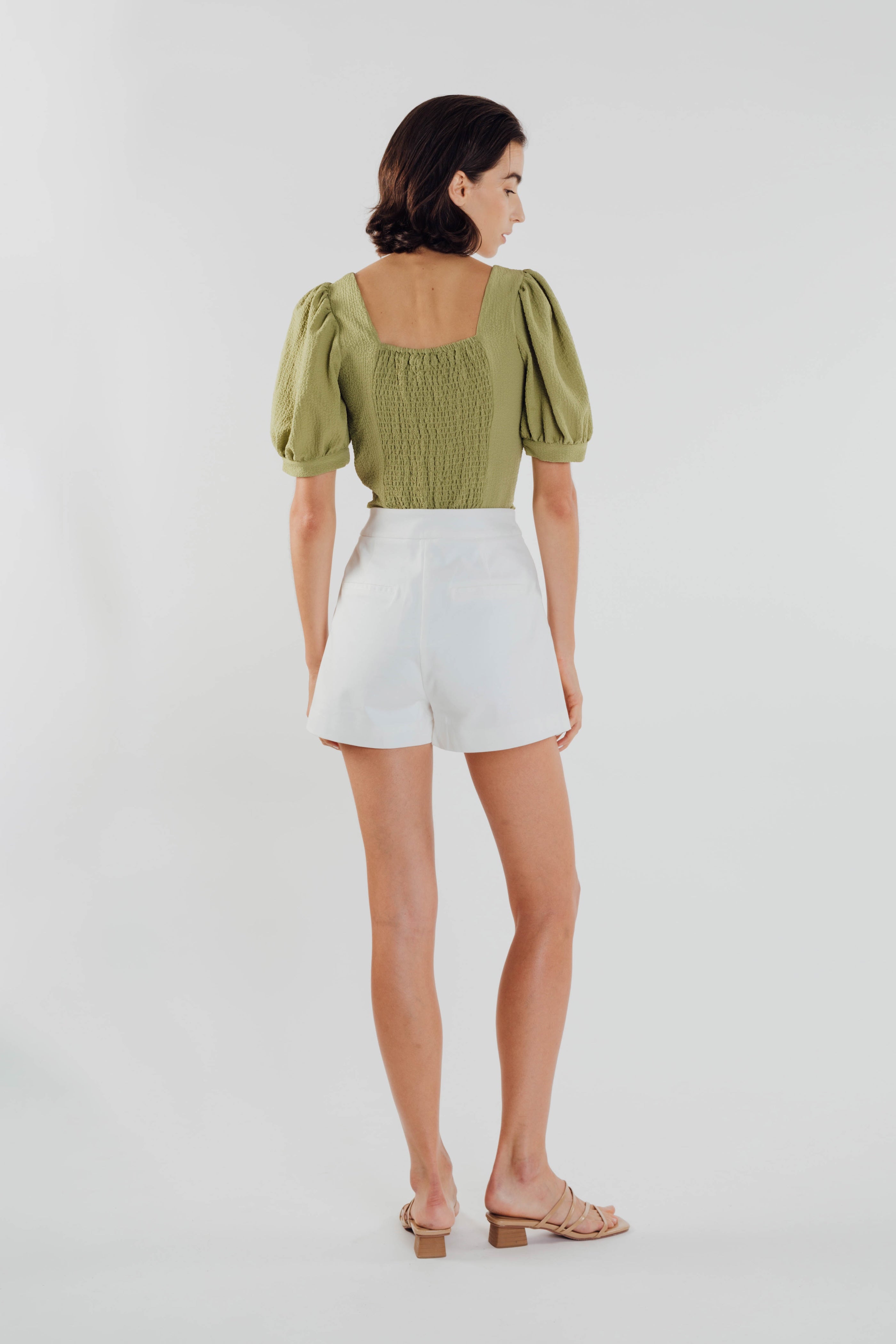 Puffed Sleeved Textured Top in Olive (Sale)