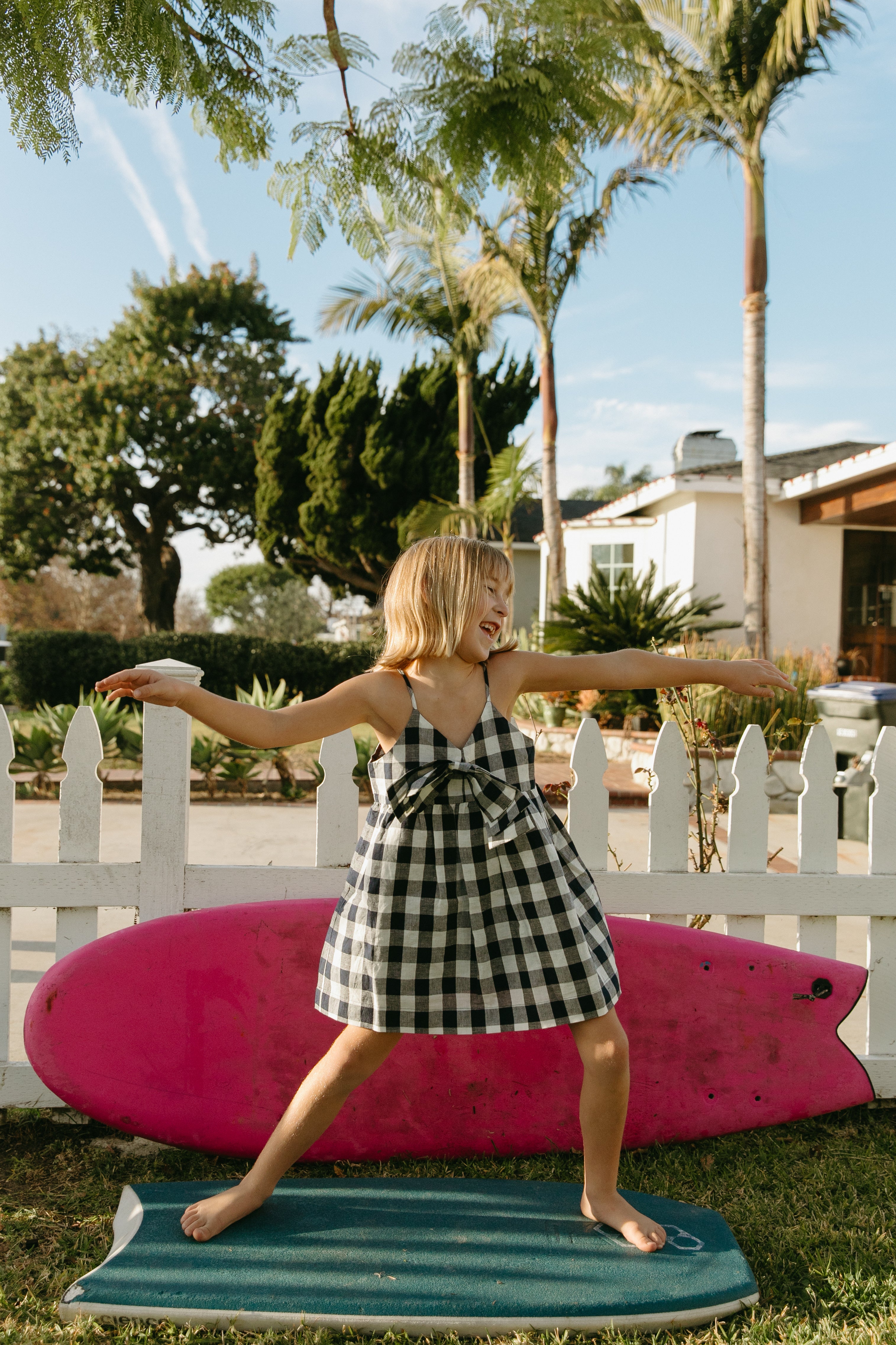 Mini Sleeveless Dress With Detachable Bow in Navy Gingham