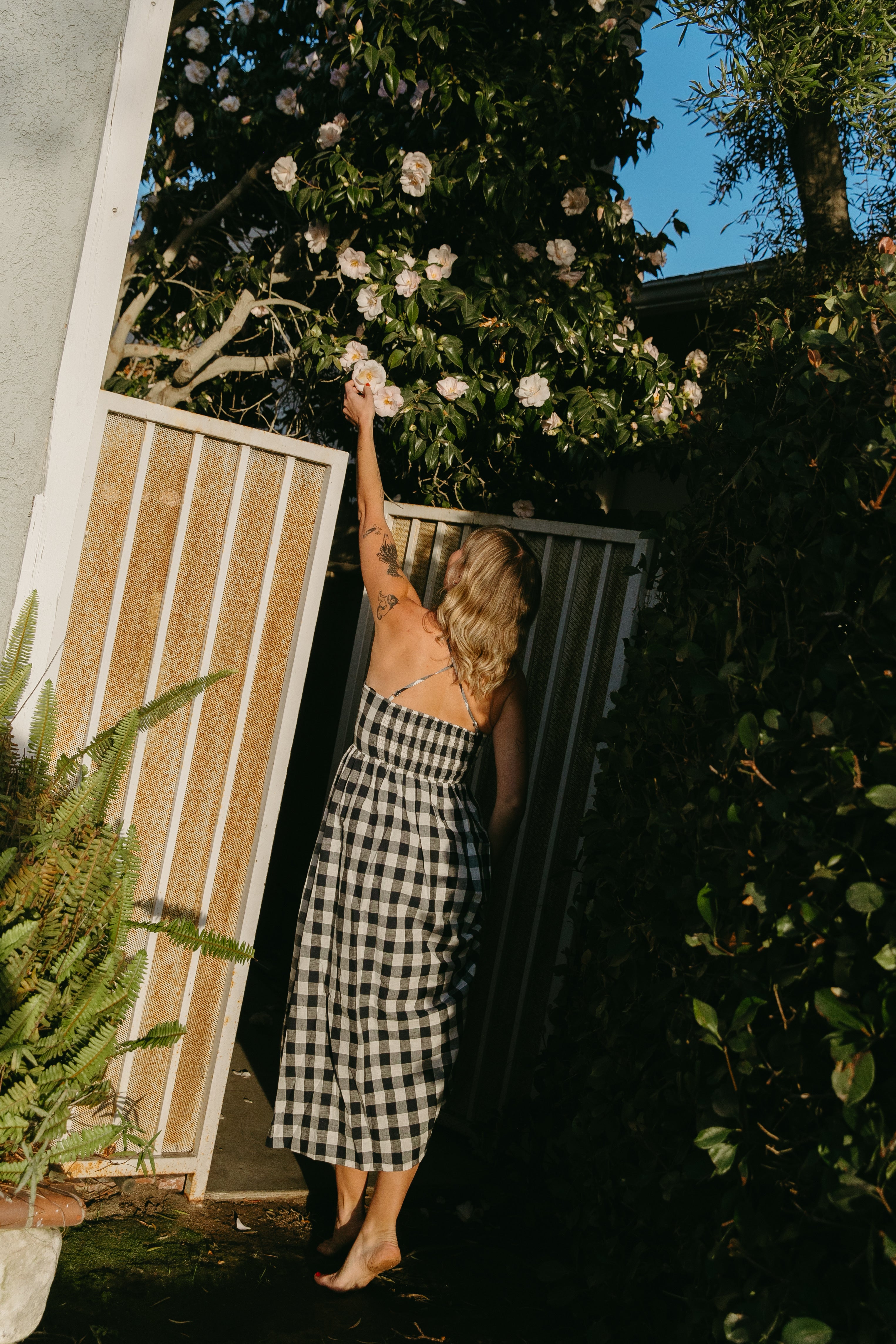 Crossback Gathered Waist Maxi Dress in Navy Gingham