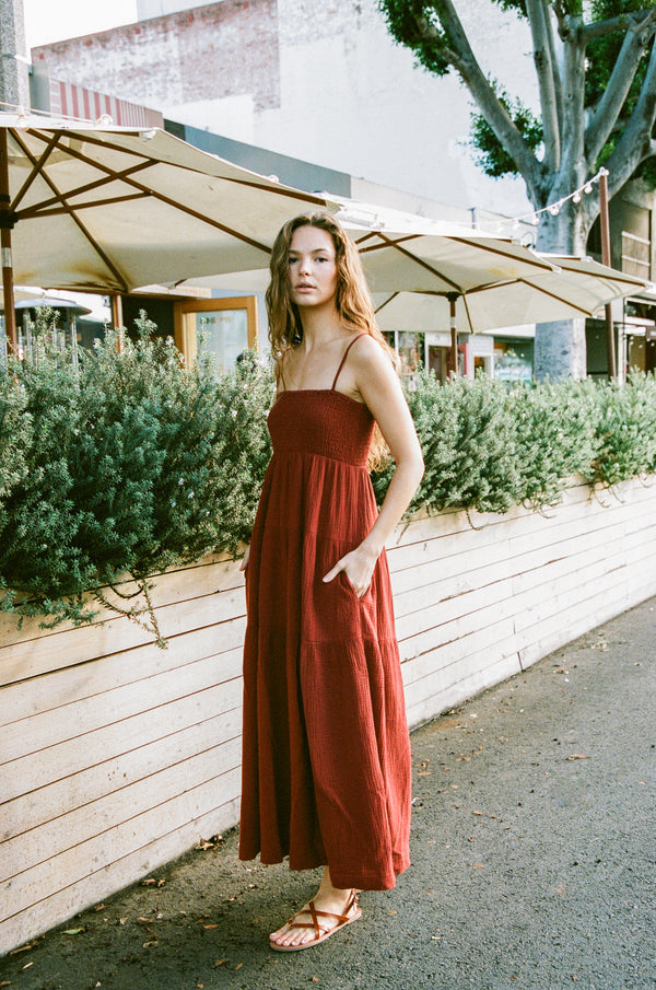 Shirred Maxi Dress in Cherry Red