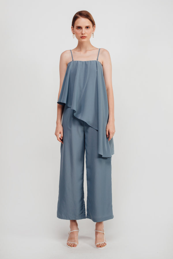 Staggered Ruffles Tube Jumpsuit In Dusty Blue