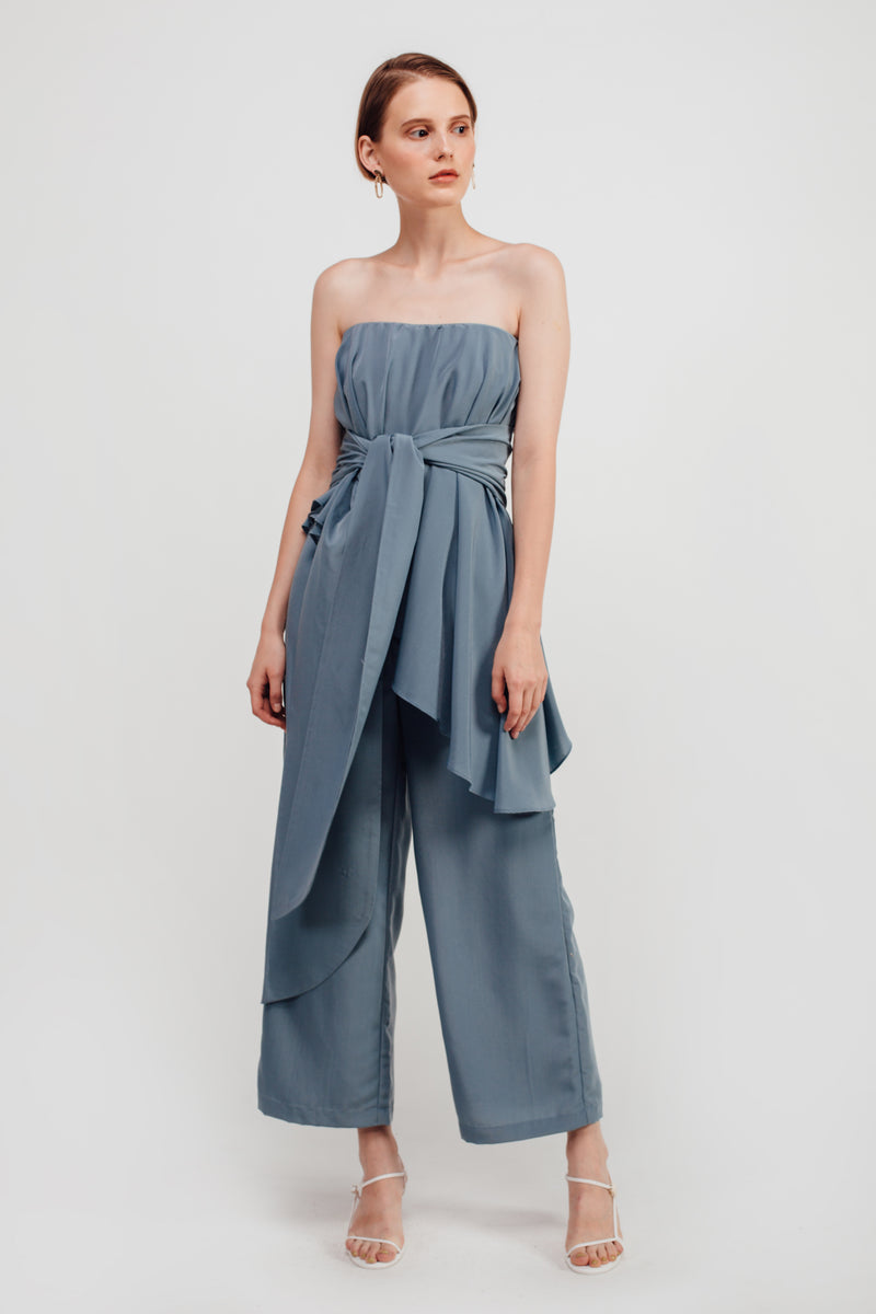 Staggered Ruffles Tube Jumpsuit In Dusty Blue