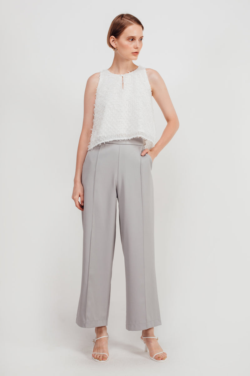 High Waisted Wide Legged Trousers w Foldlines In Stone Blue