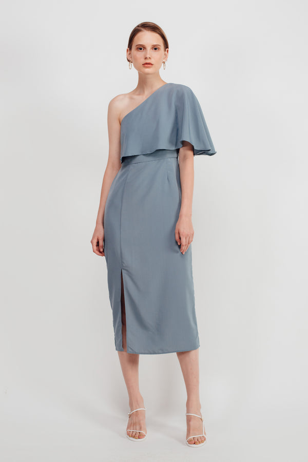 Asymmetrical Toga Midi Dress In Dusty Blue