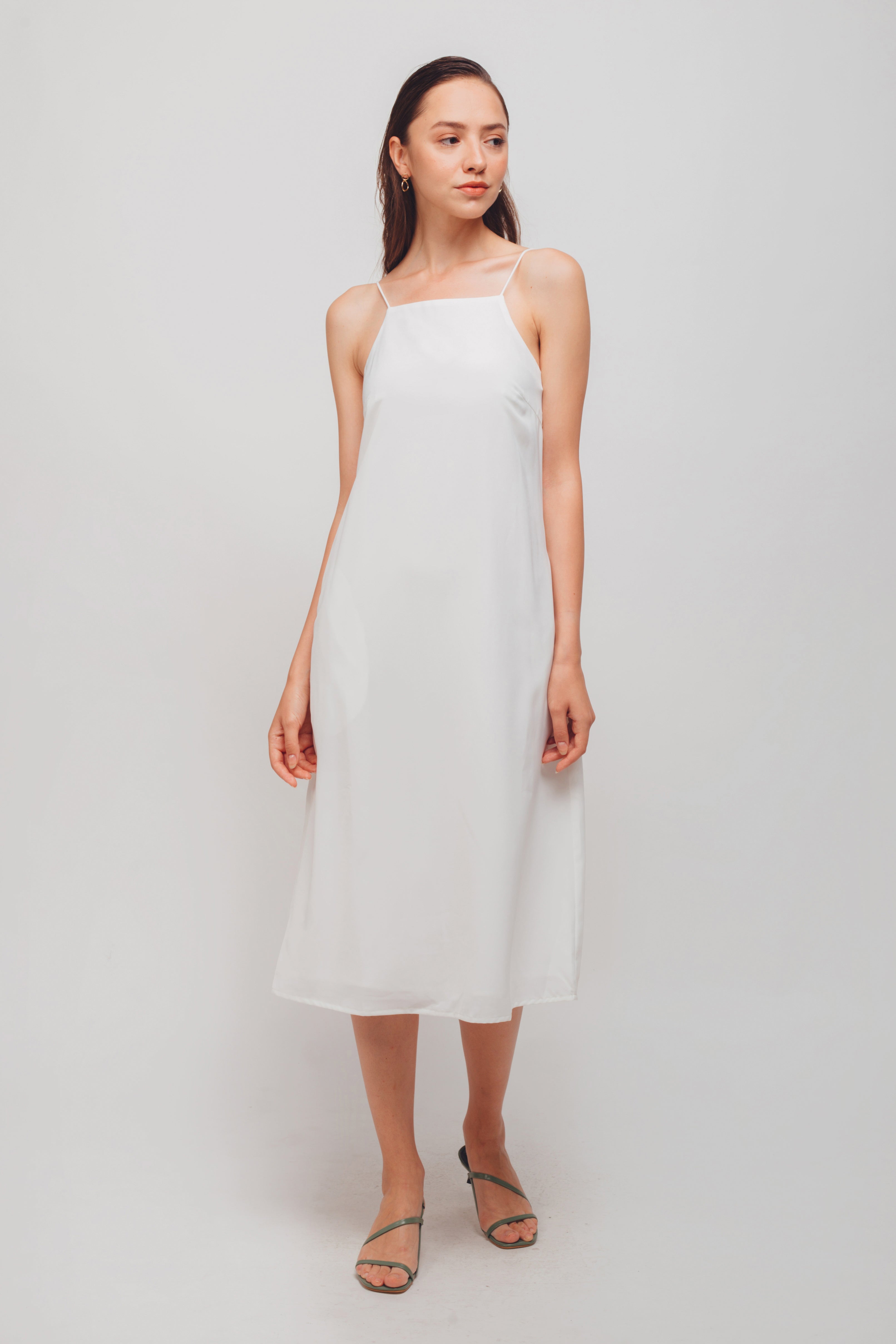 Straight Neckline Midi Dress With Ruffled Sash In White